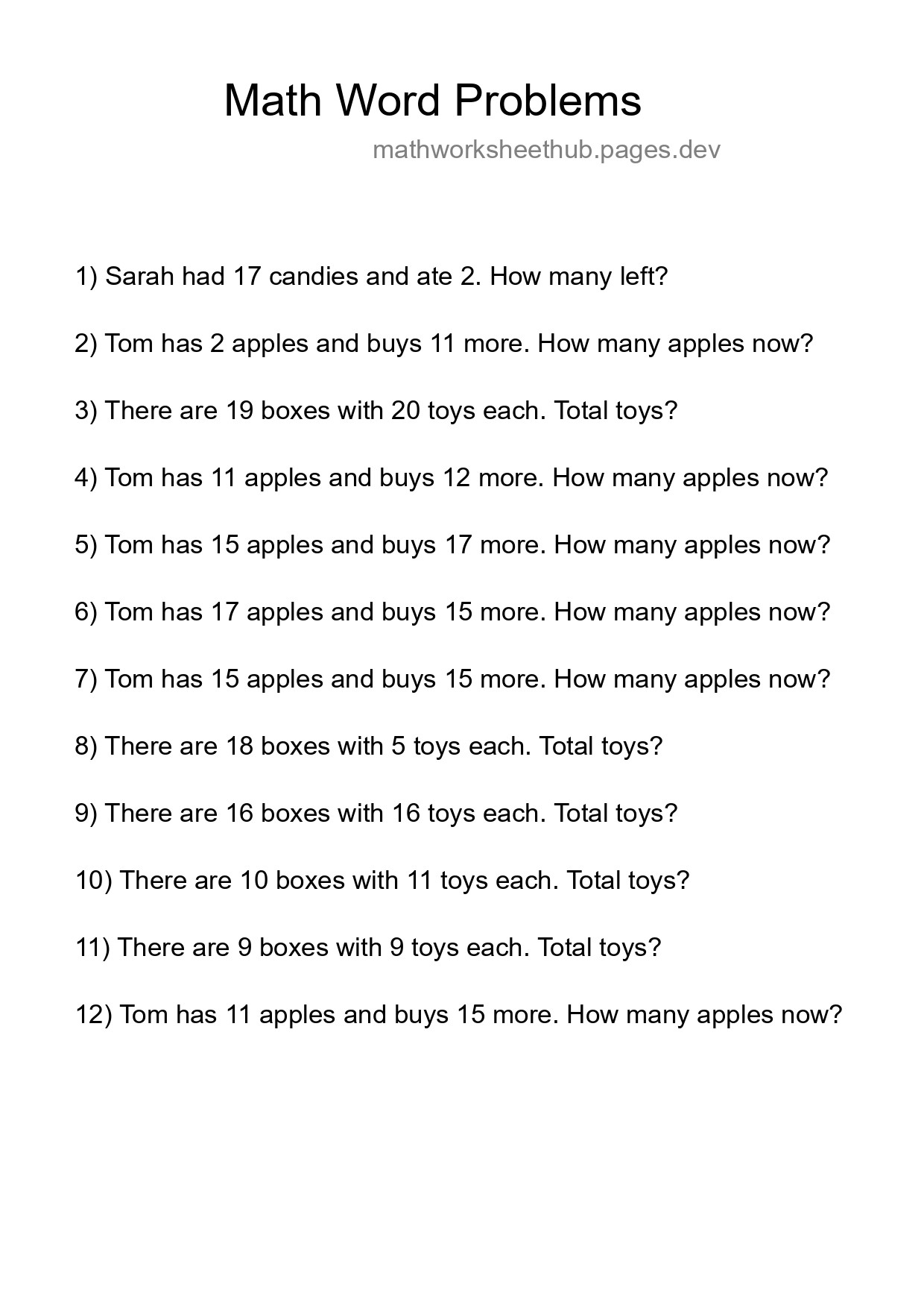 Math Word Problem Worksheet