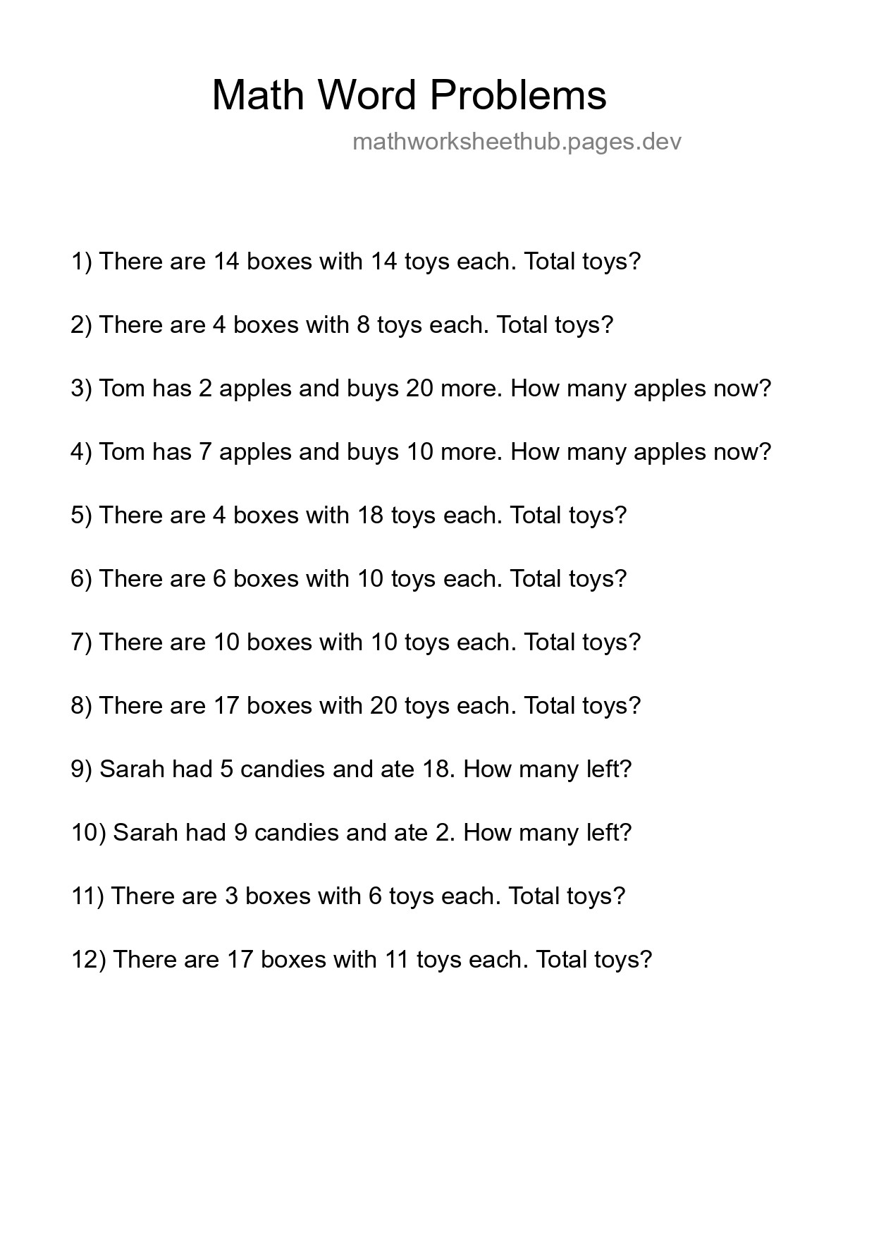 Math Word Problem Worksheet