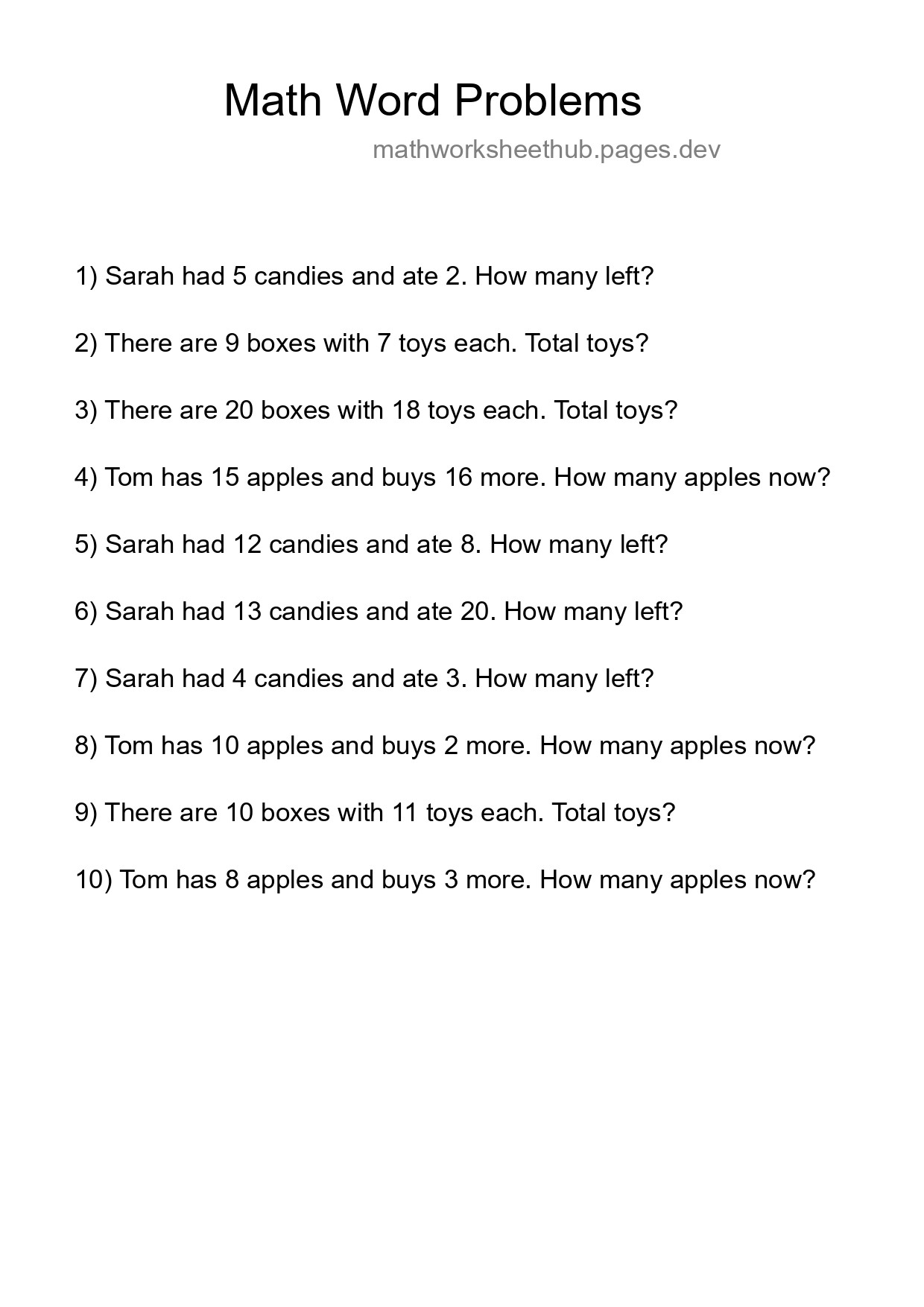 Math Word Problem Worksheet