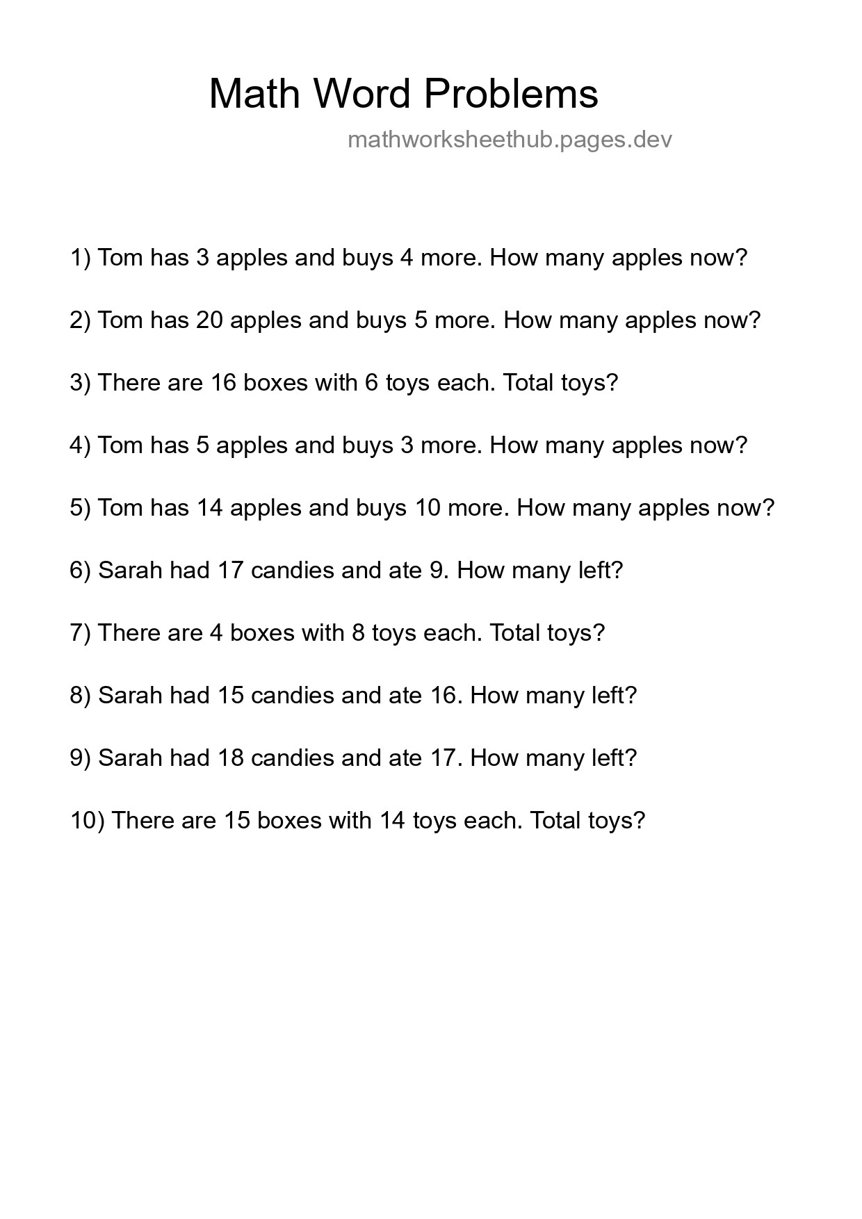 Math Word Problem Worksheet