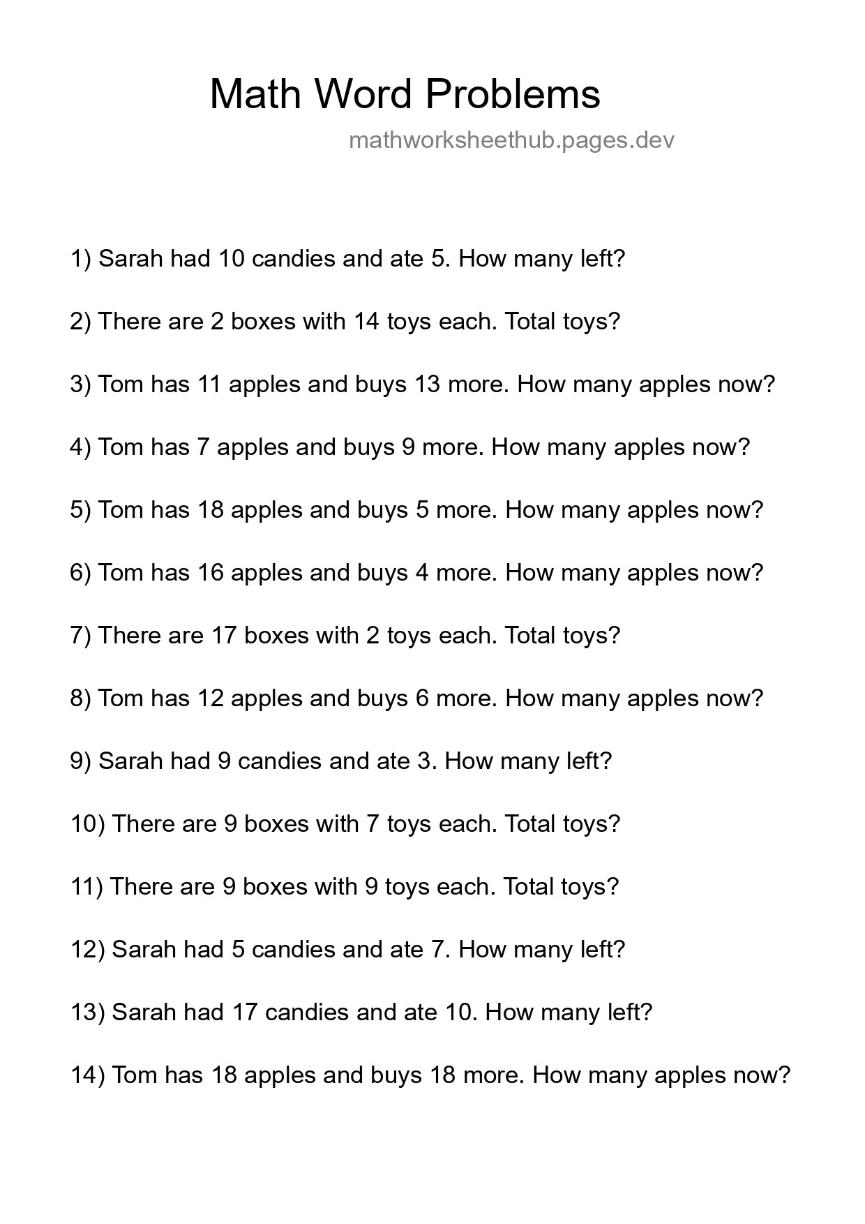 Math Word Problem Worksheet