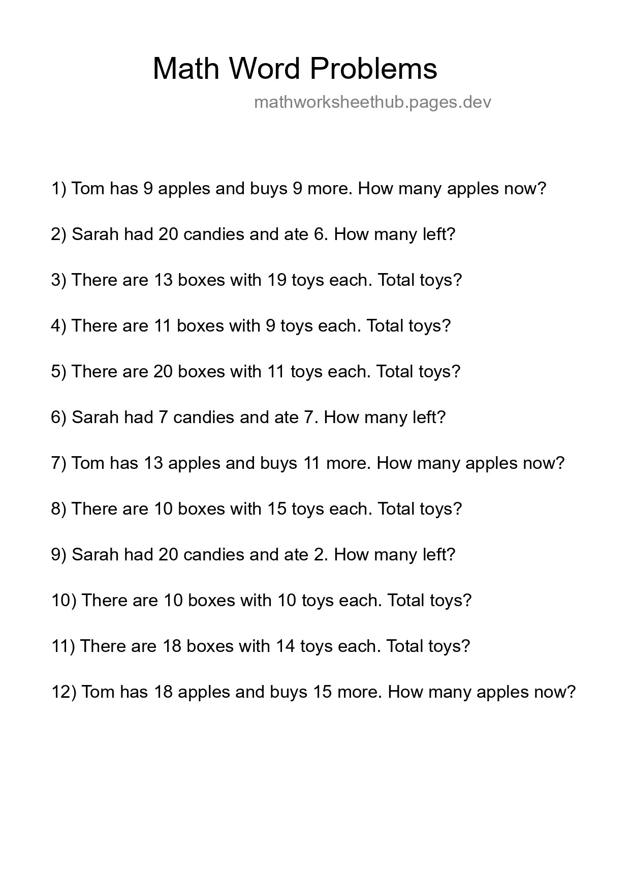 Math Word Problem Worksheet