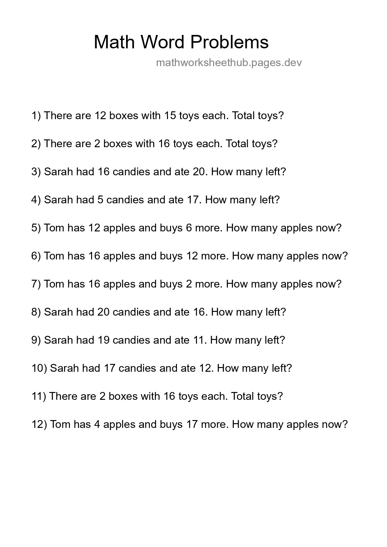 Math Word Problem Worksheet