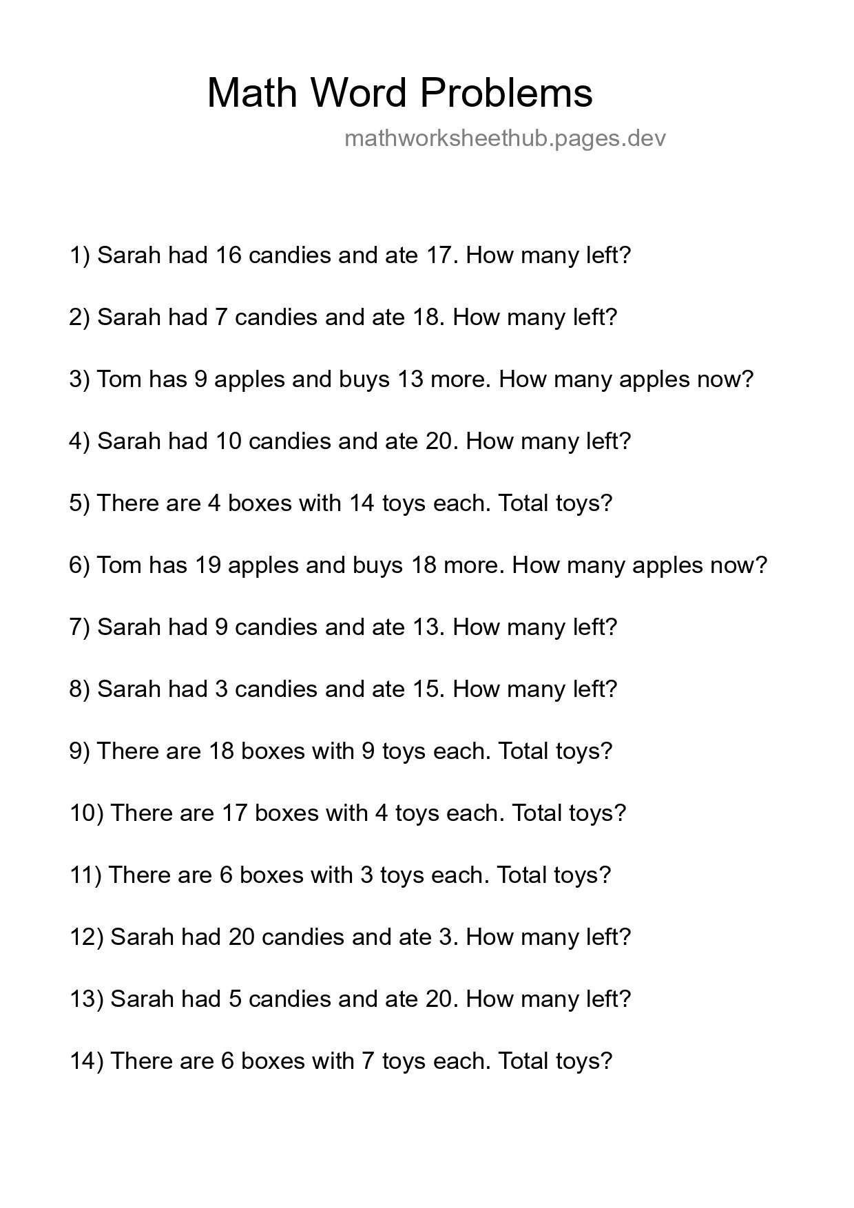 Math Word Problem Worksheet
