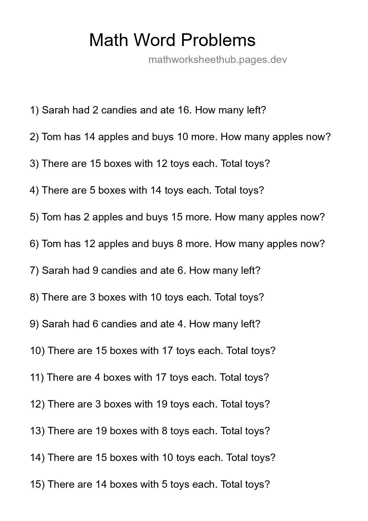 Math Word Problem Worksheet