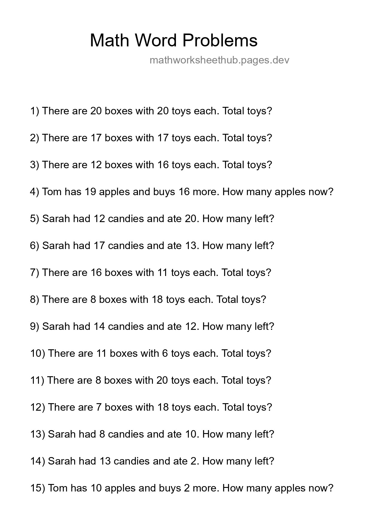 Math Word Problem Worksheet