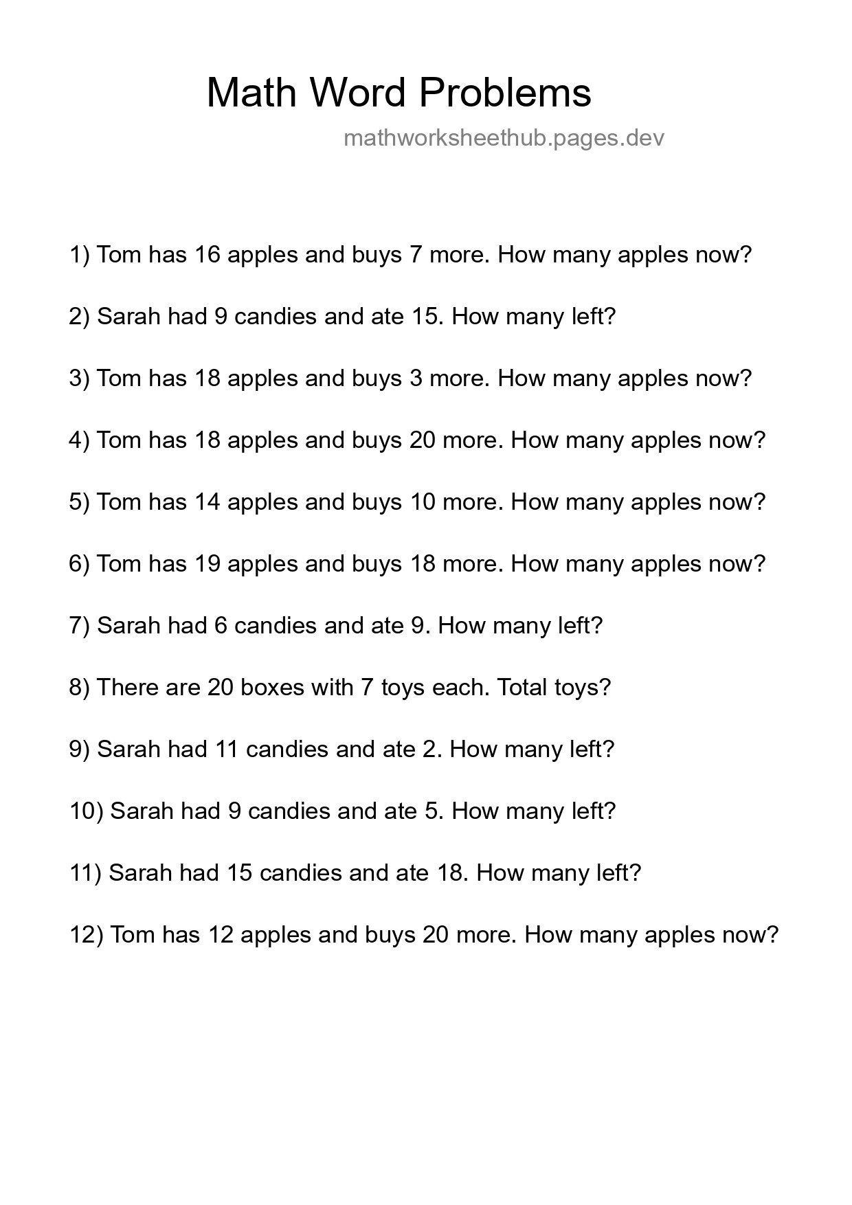 Math Word Problem Worksheet