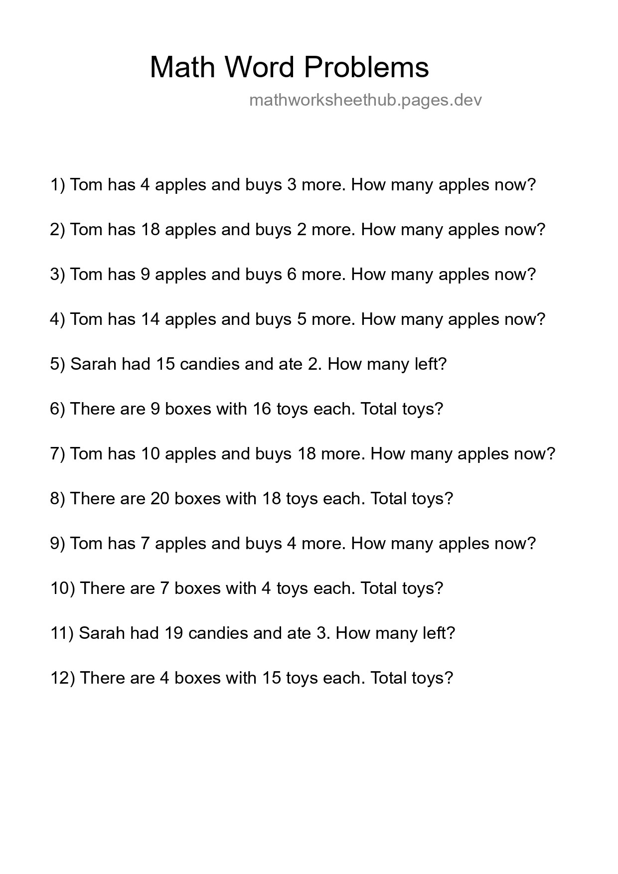 Math Word Problem Worksheet