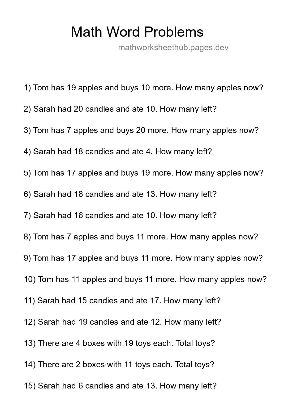 Math Word Problem Worksheet