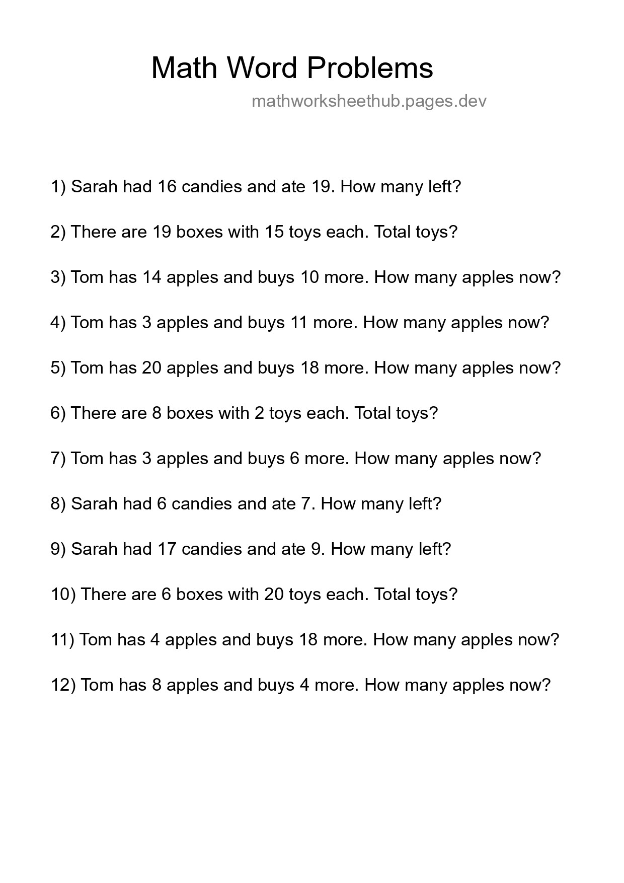 Math Word Problem Worksheet