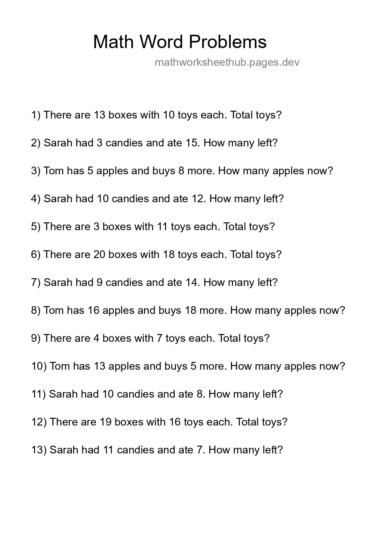 Math Word Problem Worksheet