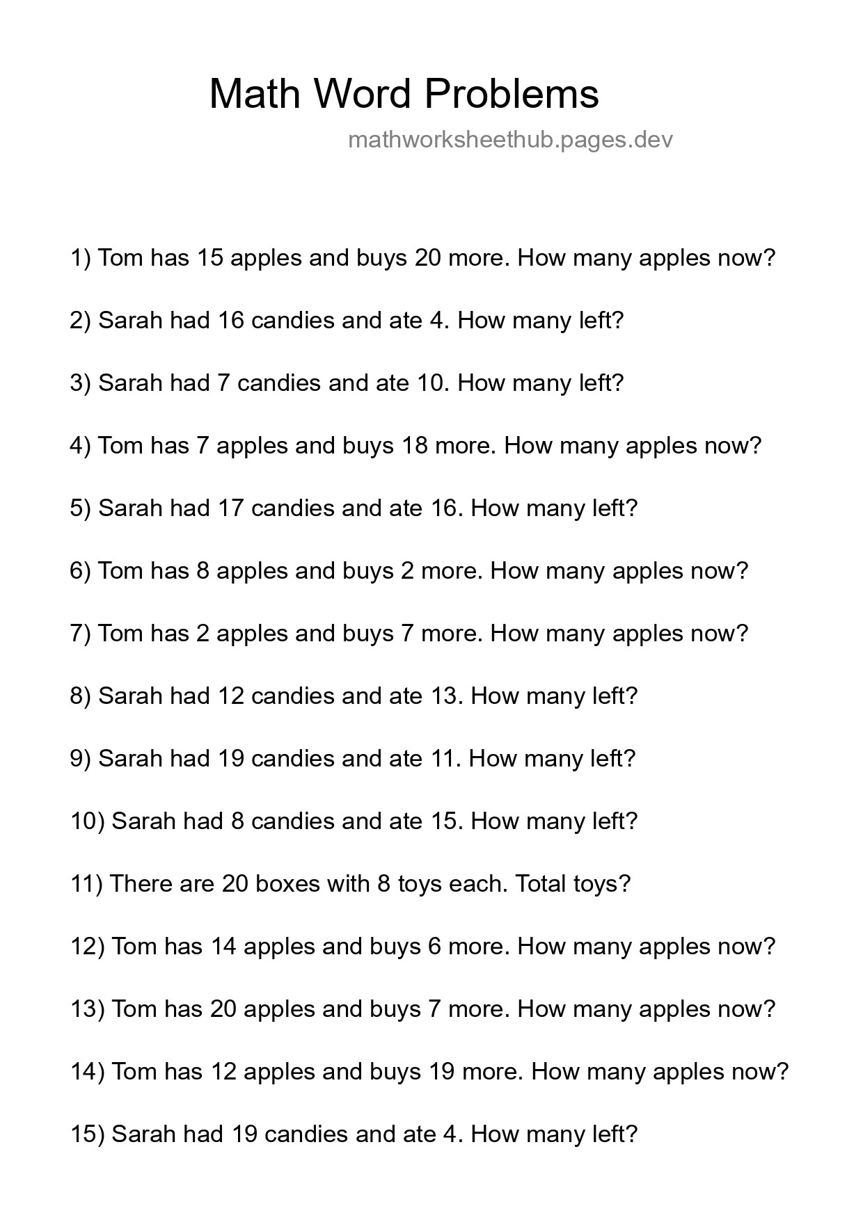 Math Word Problem Worksheet