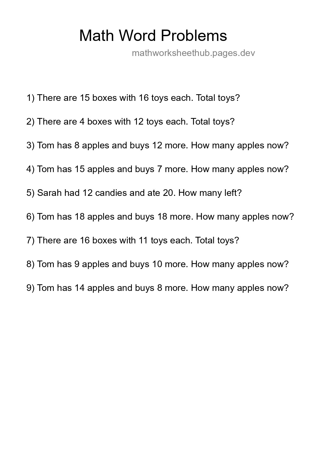 Math Word Problem Worksheet