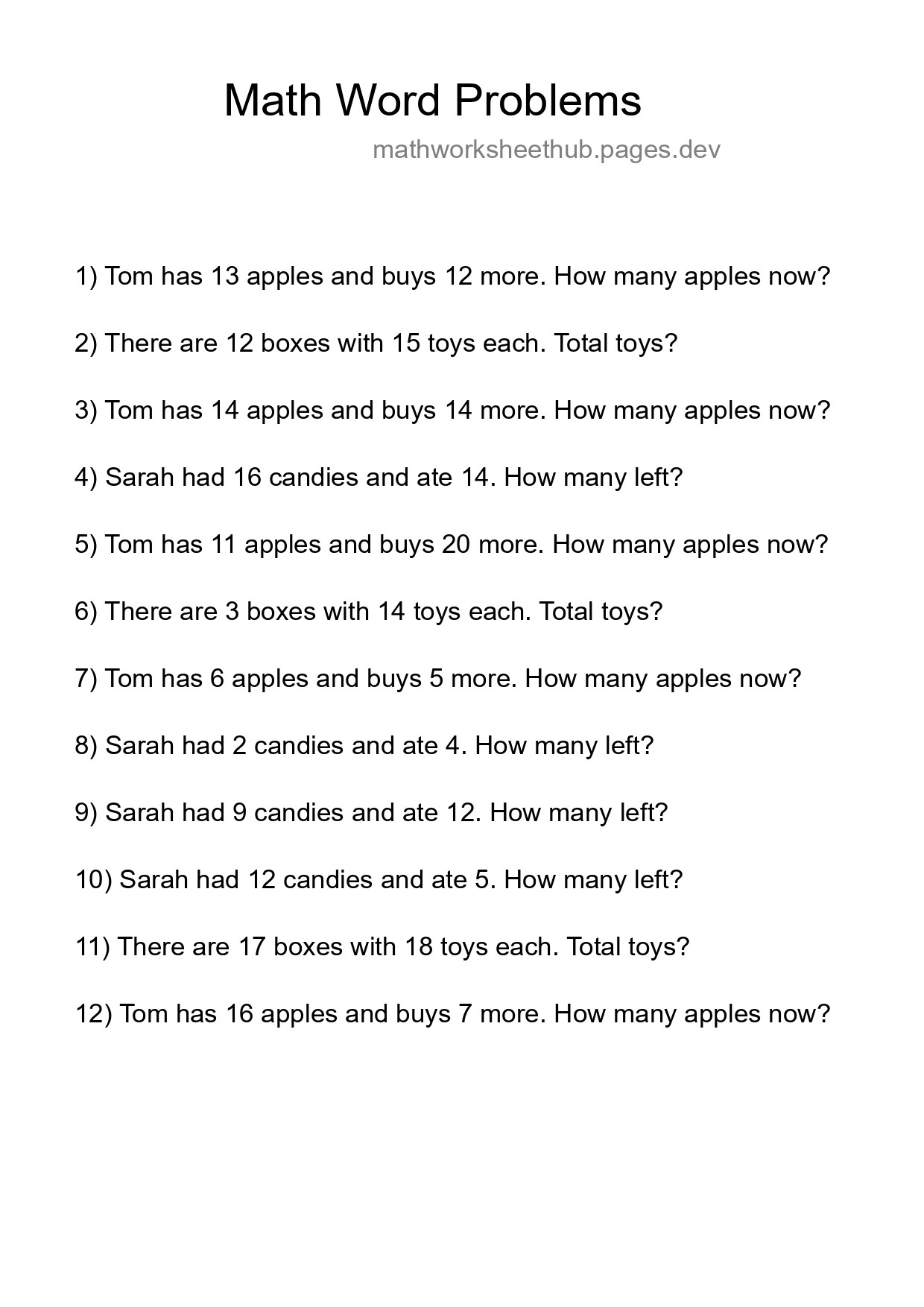 Math Word Problem Worksheet