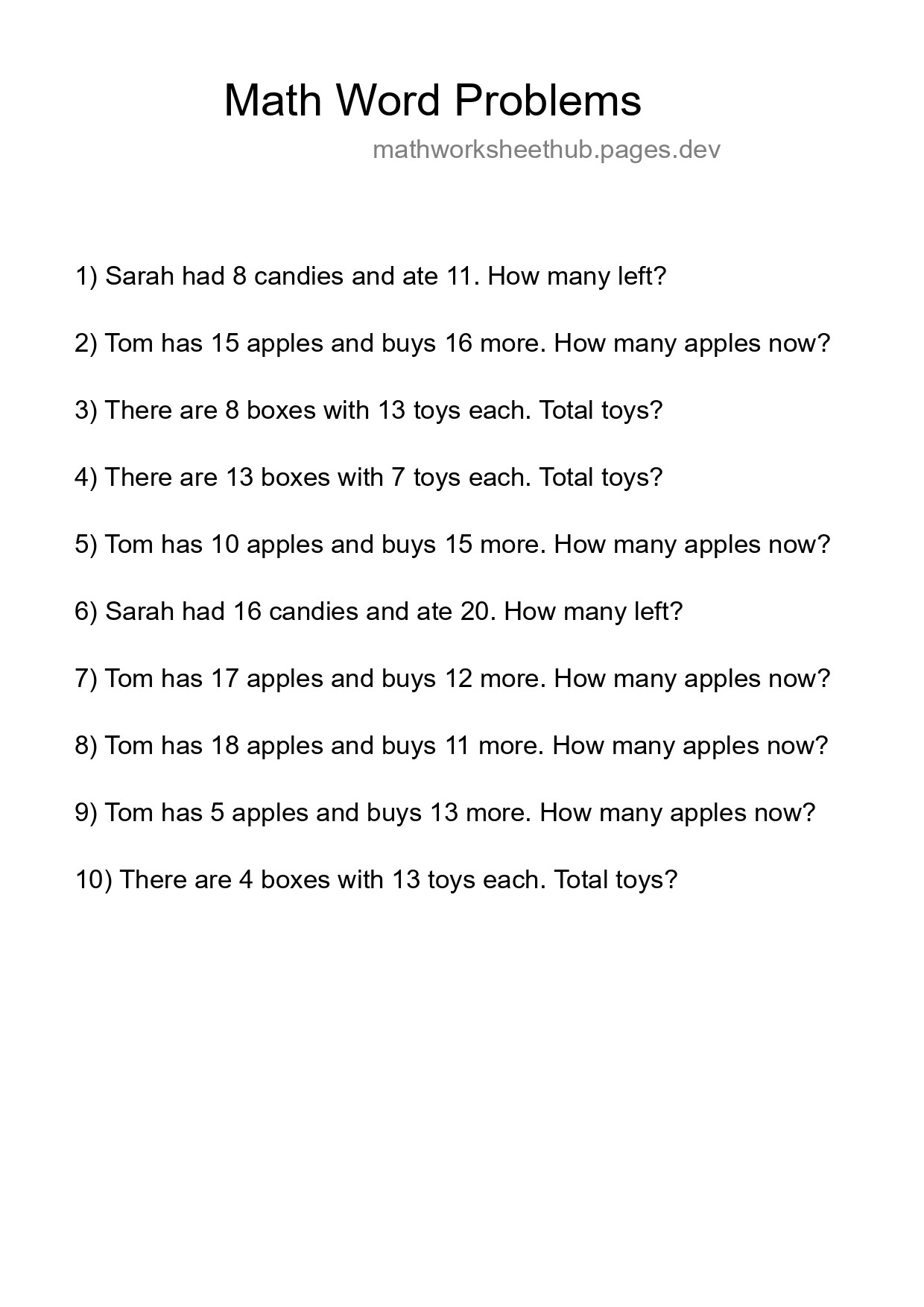 Math Word Problem Worksheet