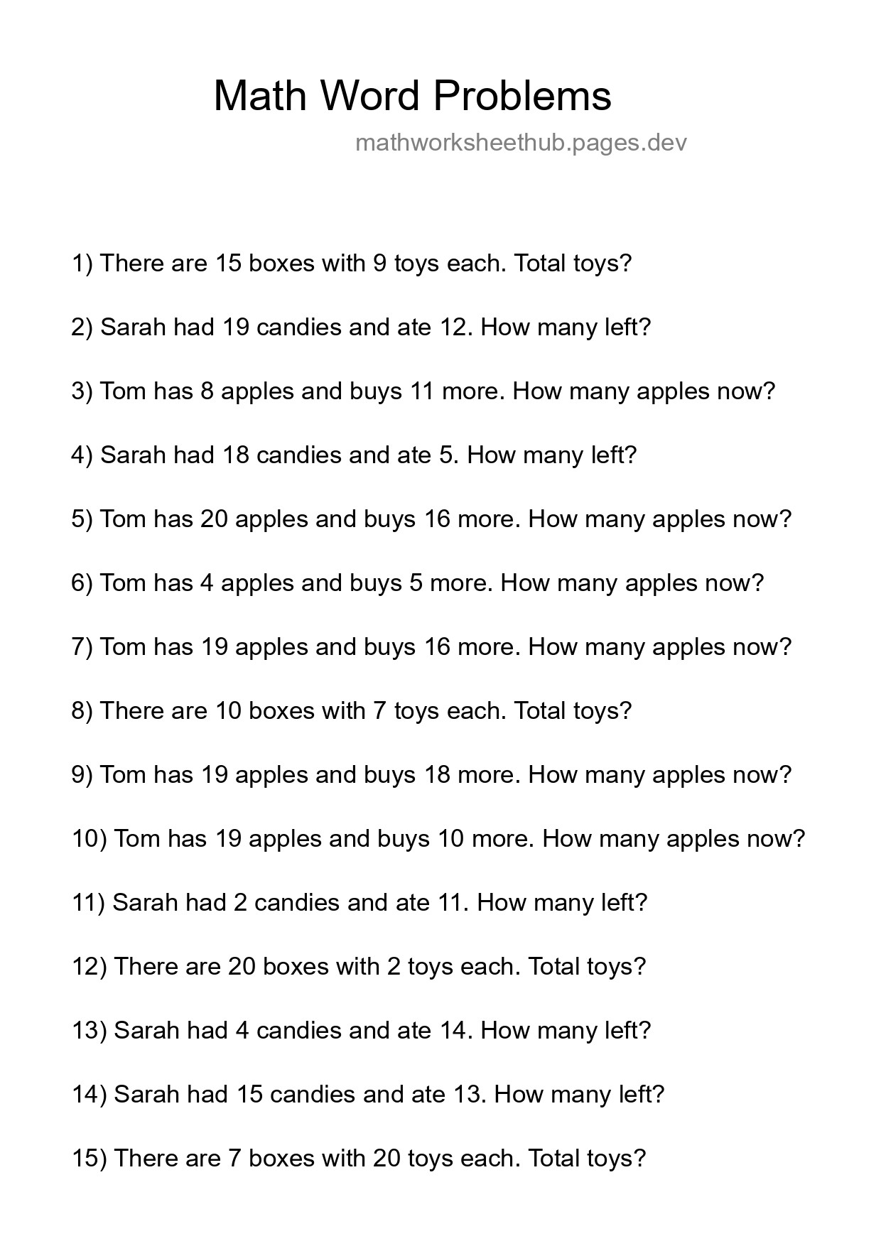 Math Word Problem Worksheet