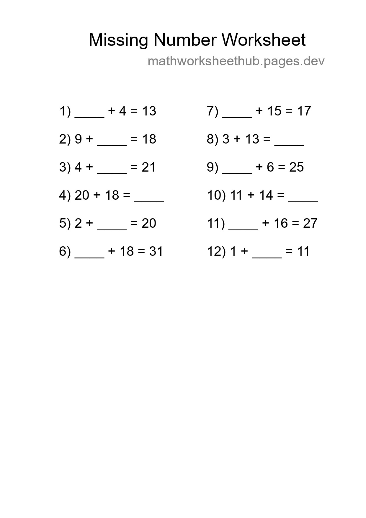Missing Number Math Worksheet
