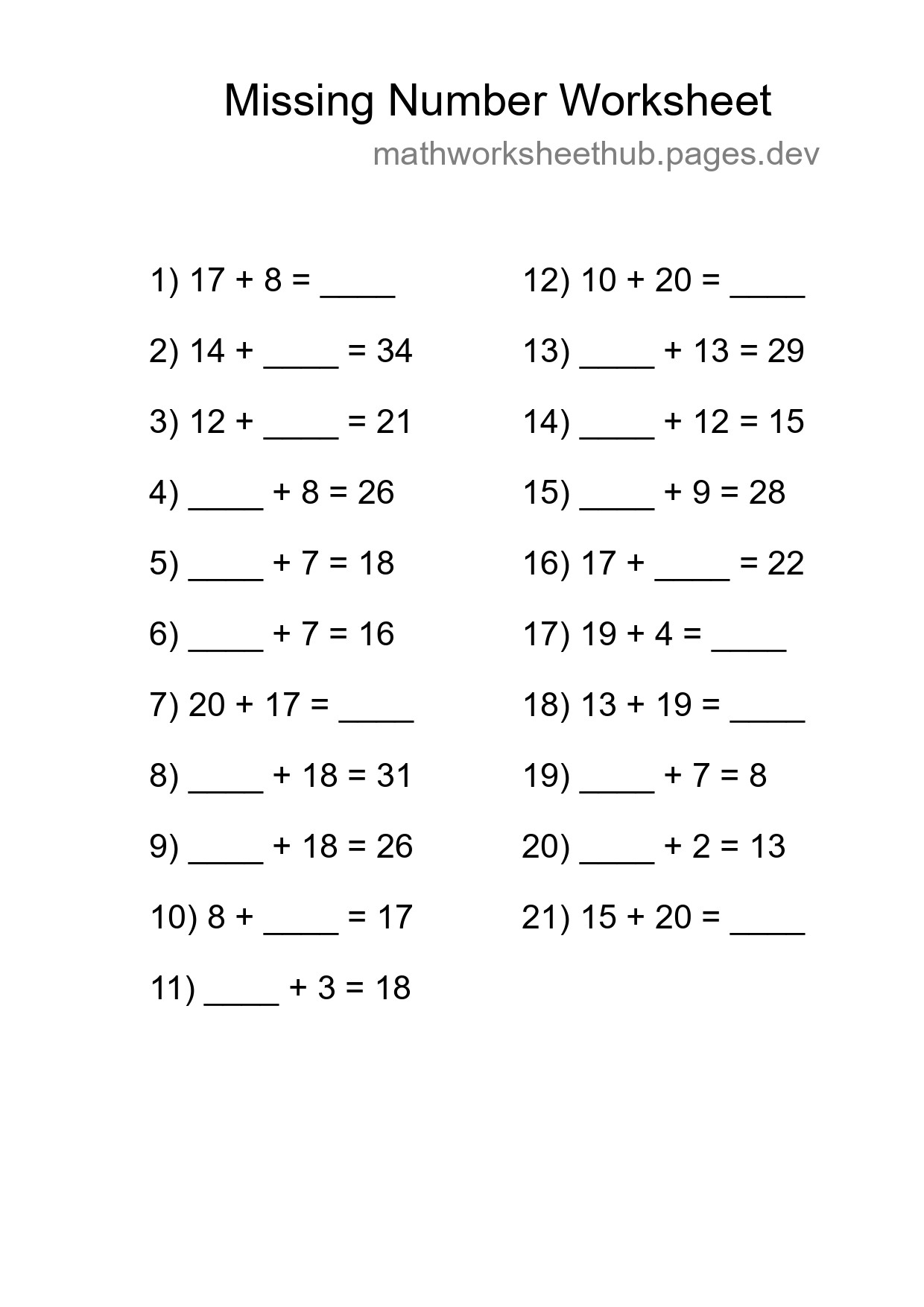 Missing Number Math Worksheet