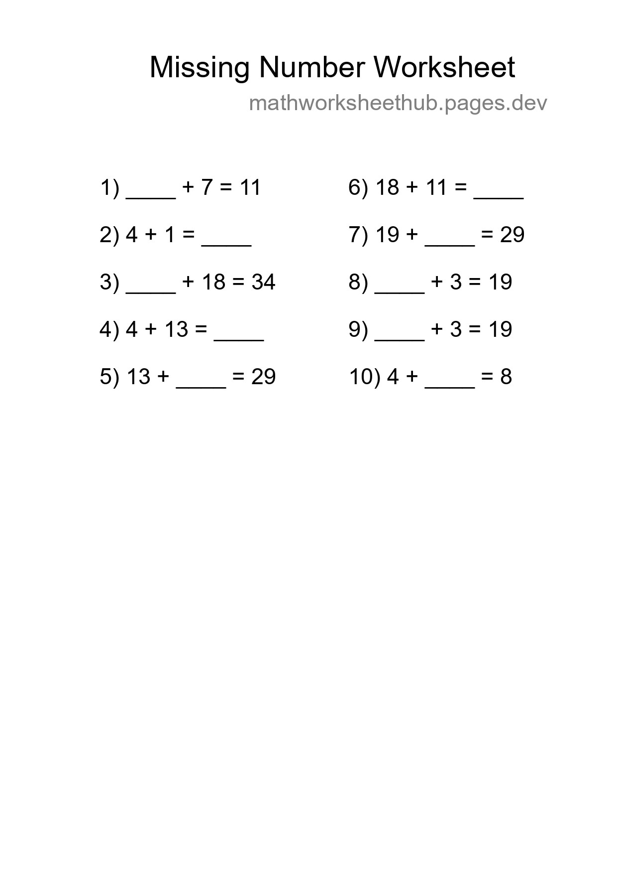 Missing Number Math Worksheet