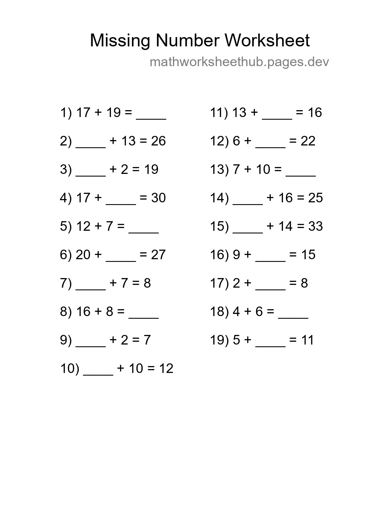 Missing Number Math Worksheet