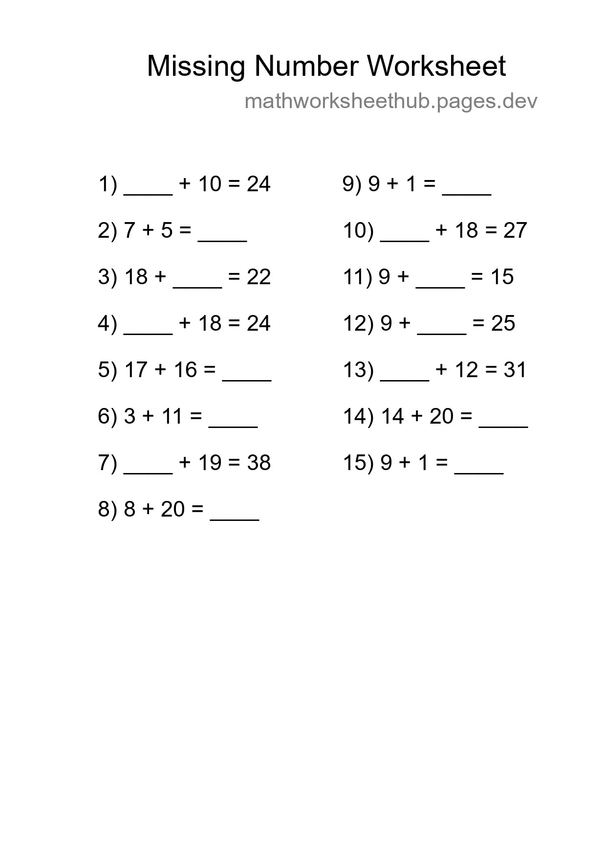 Missing Number Math Worksheet