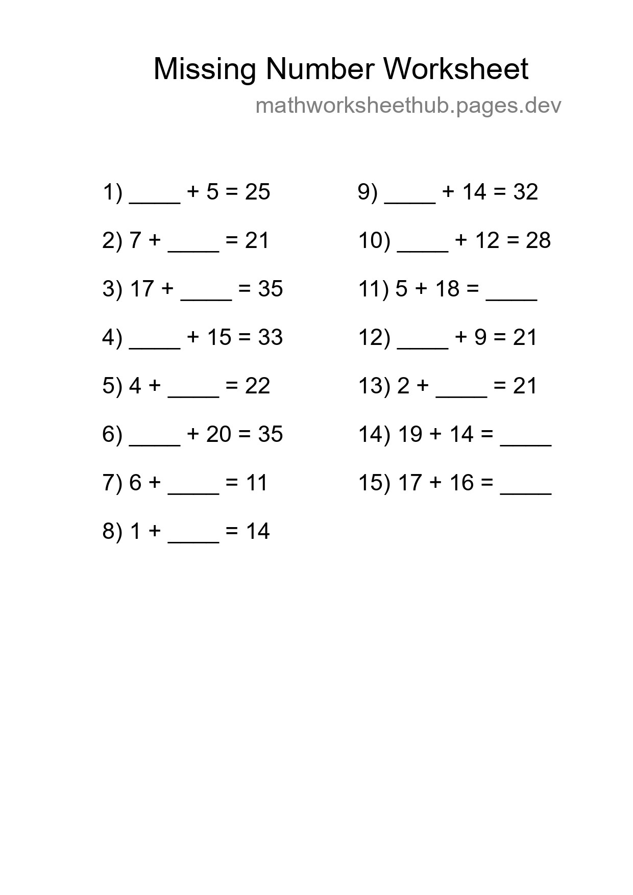Missing Number Math Worksheet