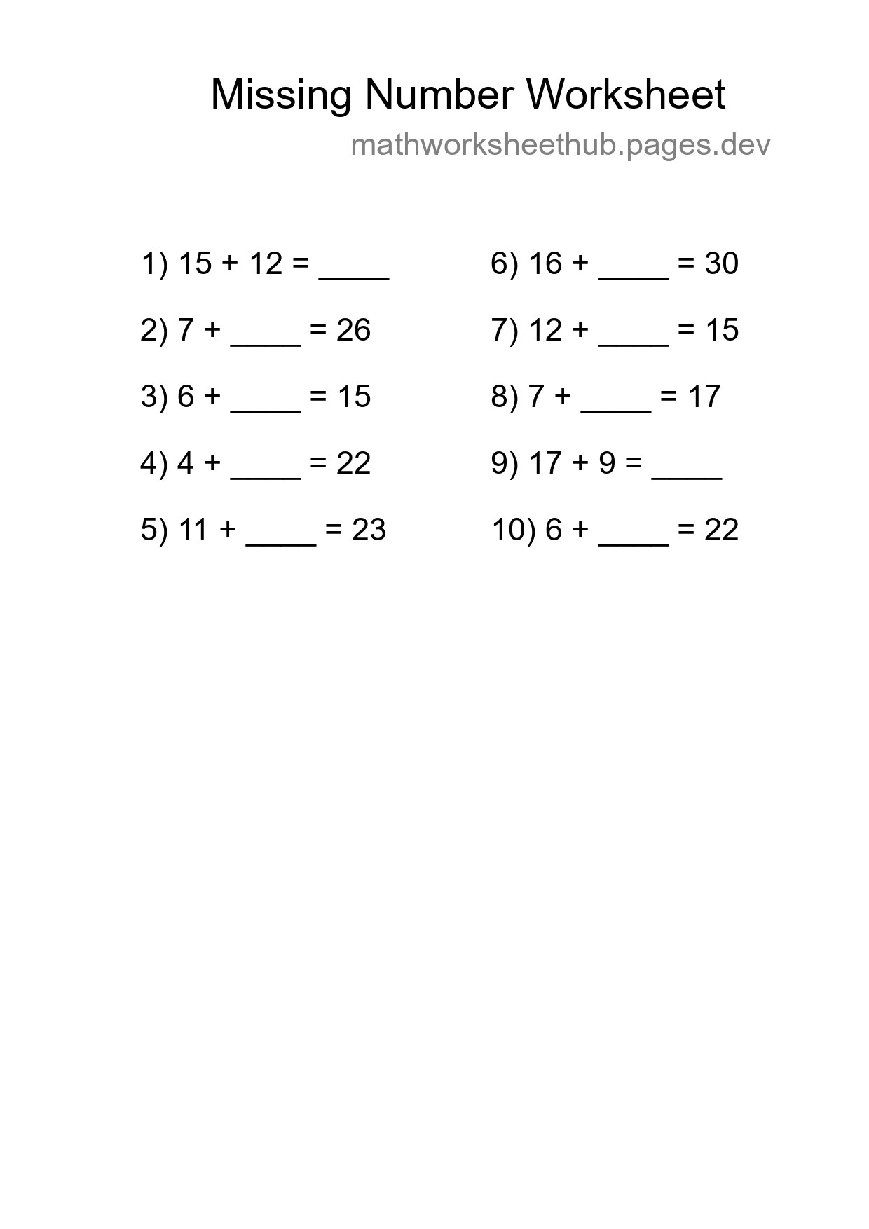 Missing Number Math Worksheet