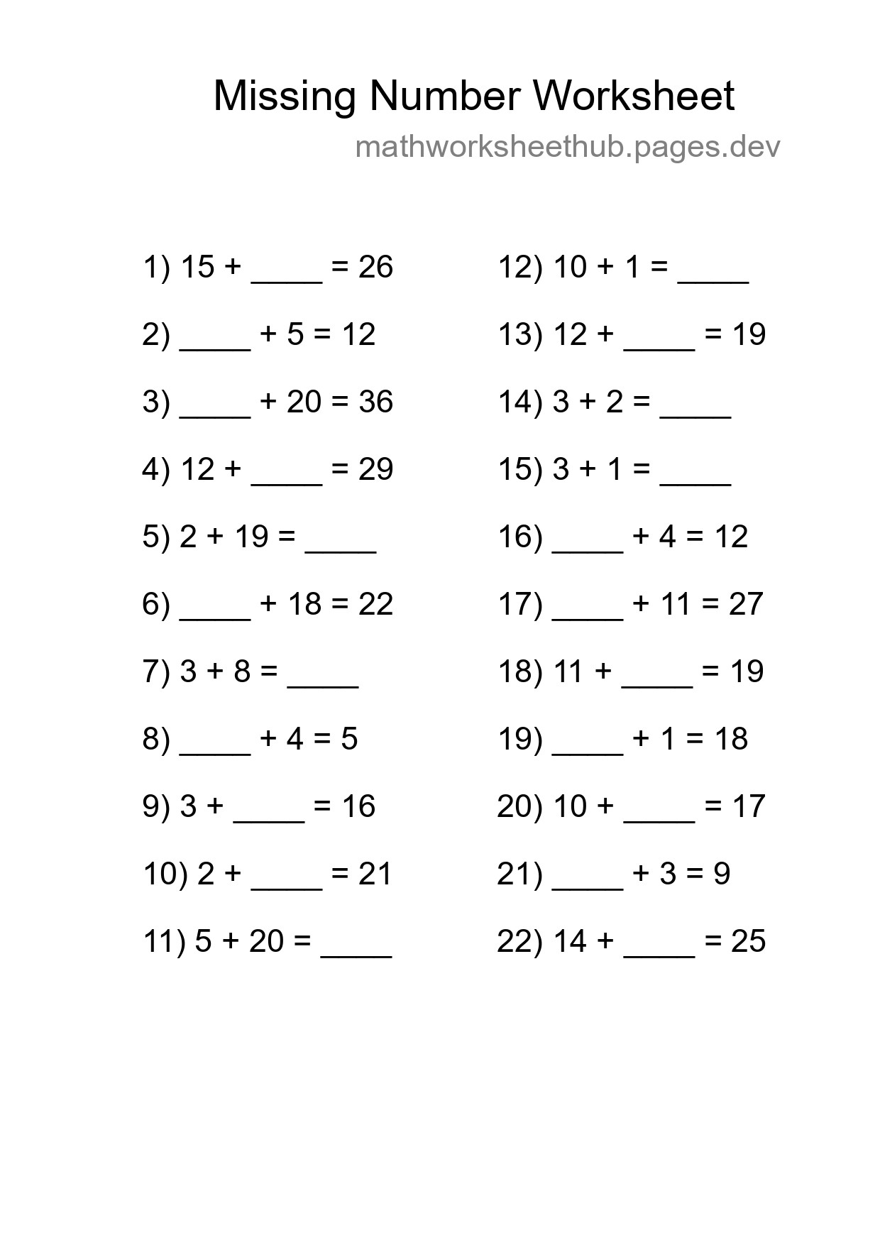 Missing Number Math Worksheet