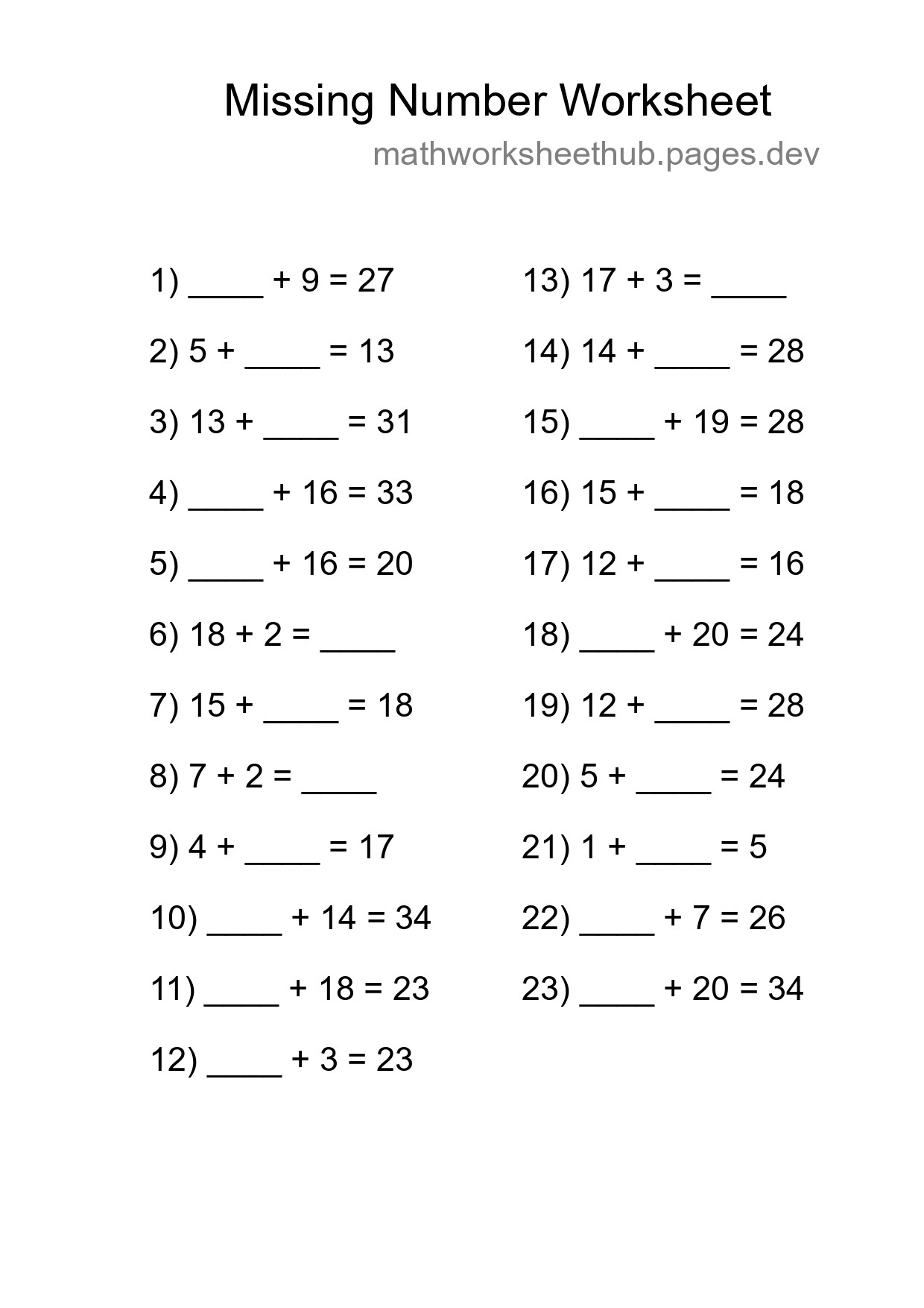 Missing Number Math Worksheet