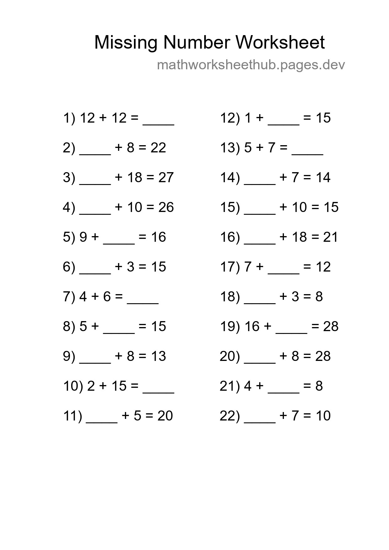 Missing Number Math Worksheet