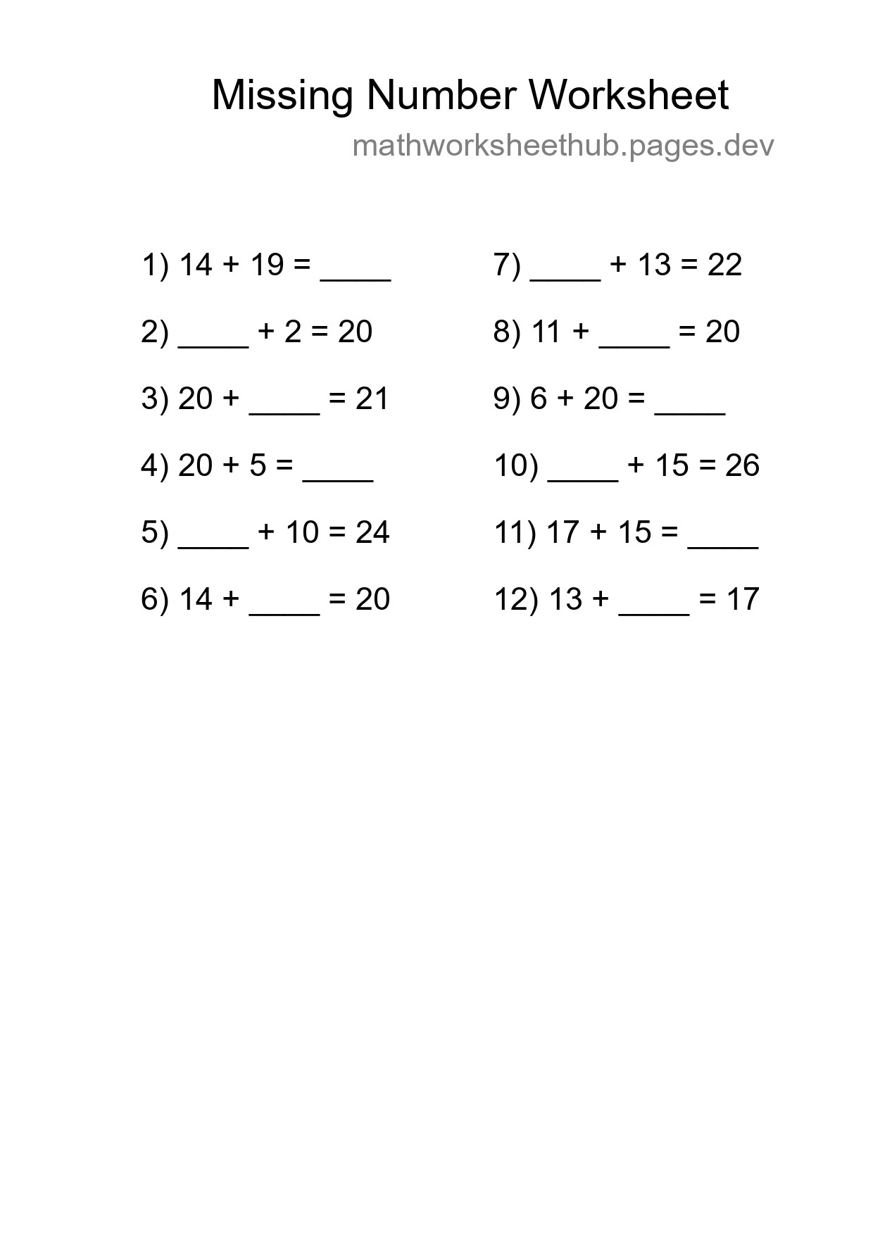 Missing Number Math Worksheet