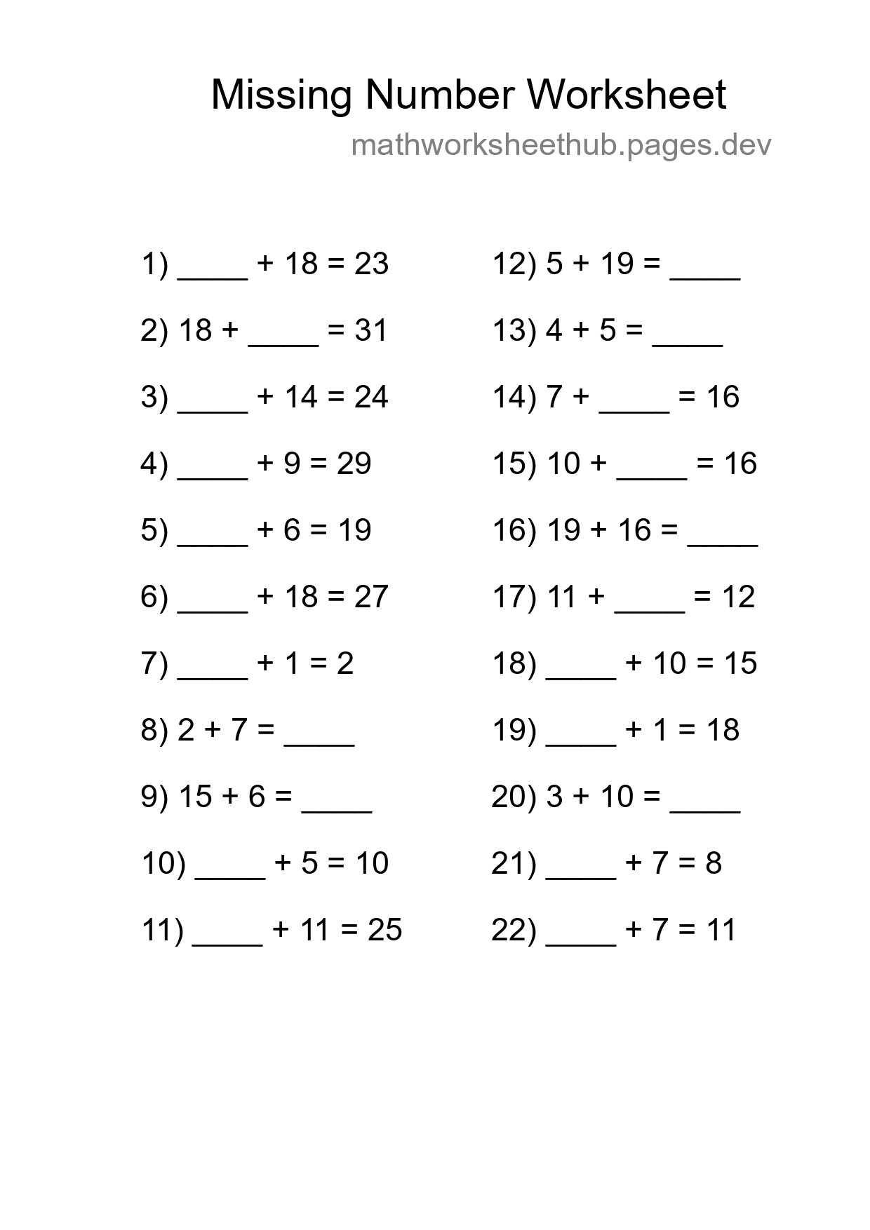 Missing Number Math Worksheet