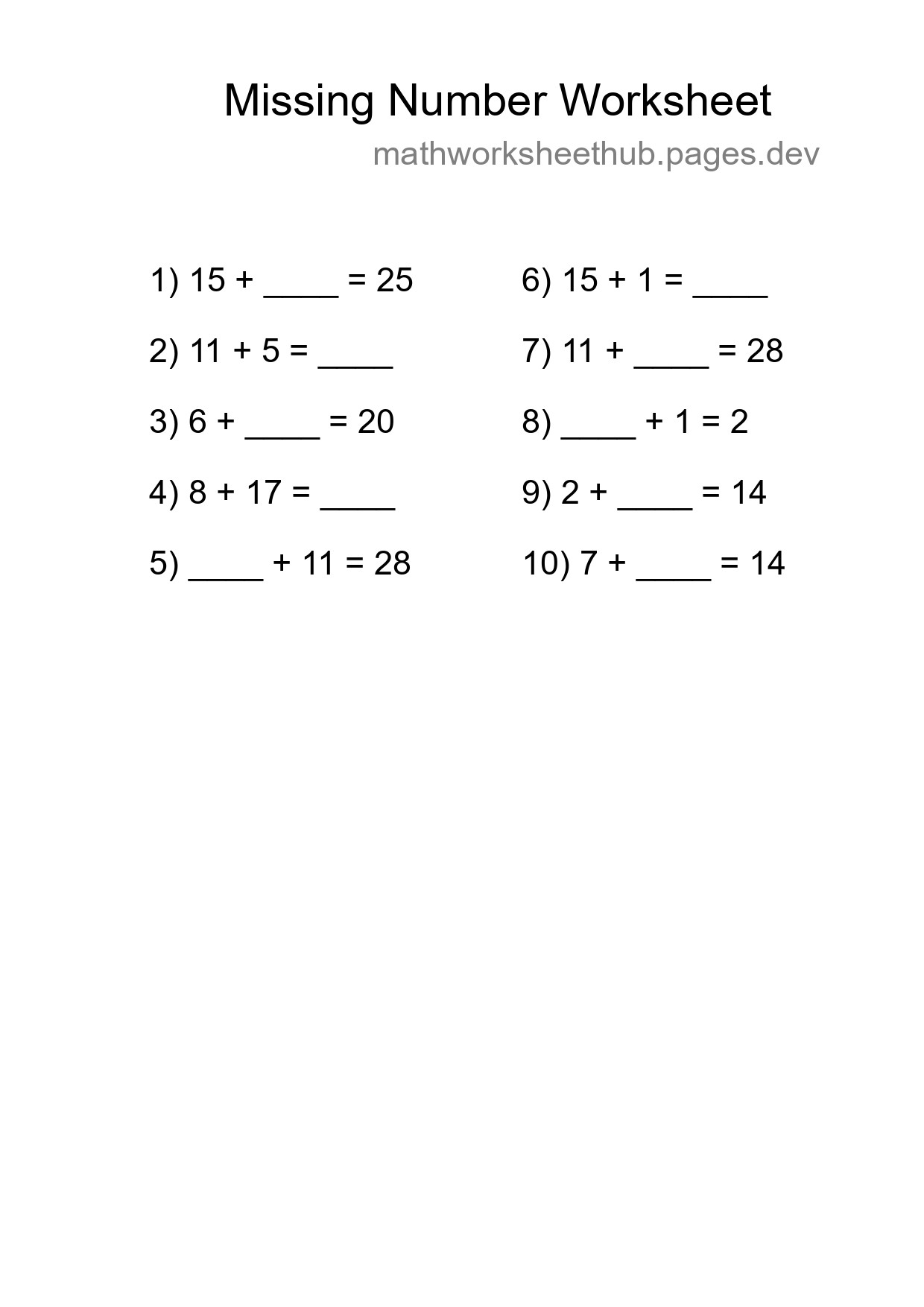 Missing Number Math Worksheet