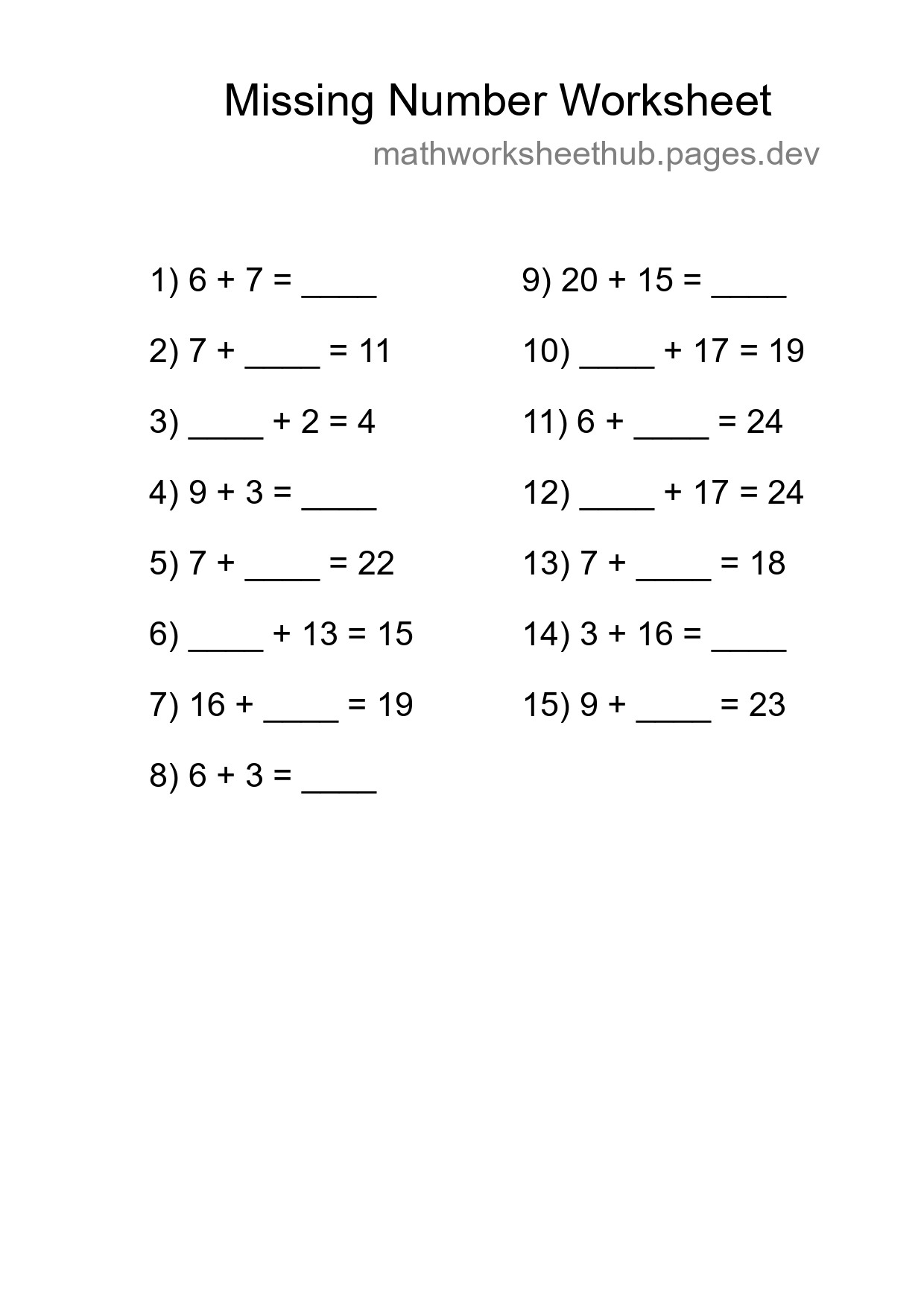 Missing Number Math Worksheet