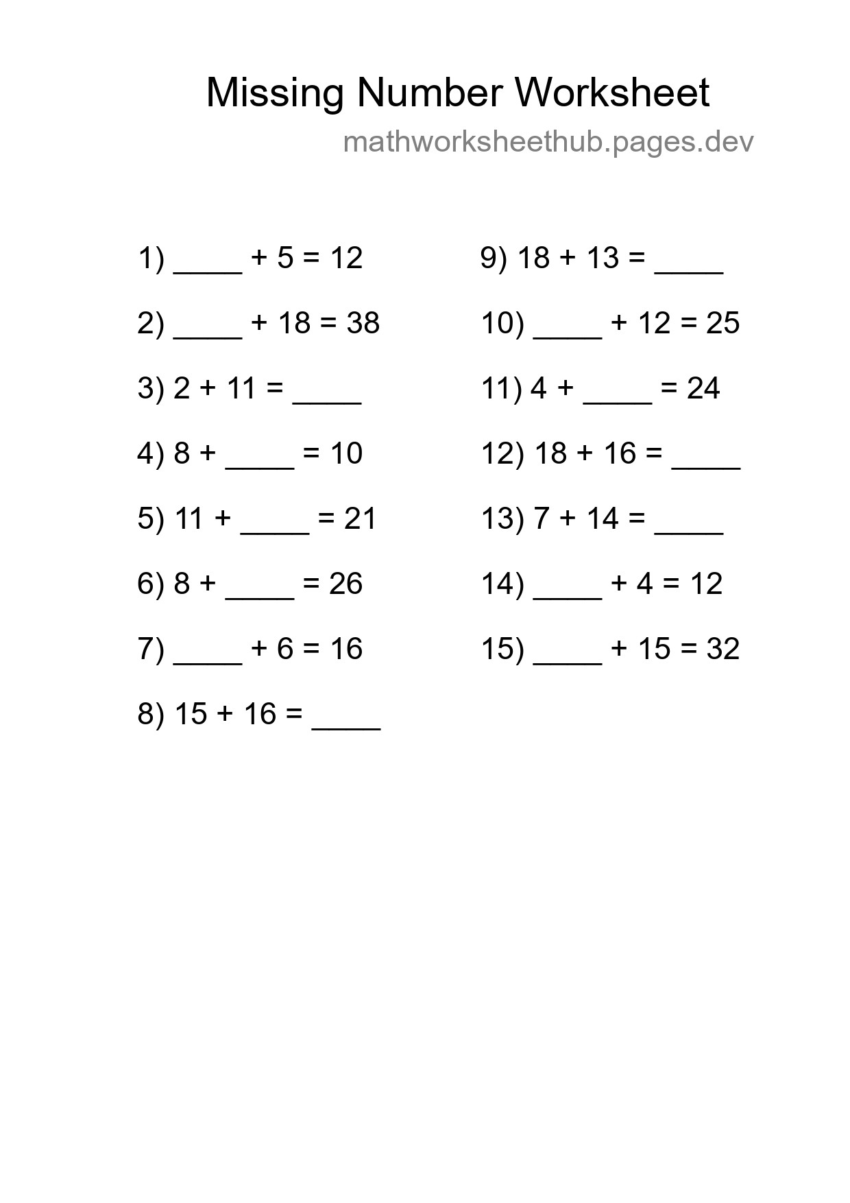 Missing Number Math Worksheet