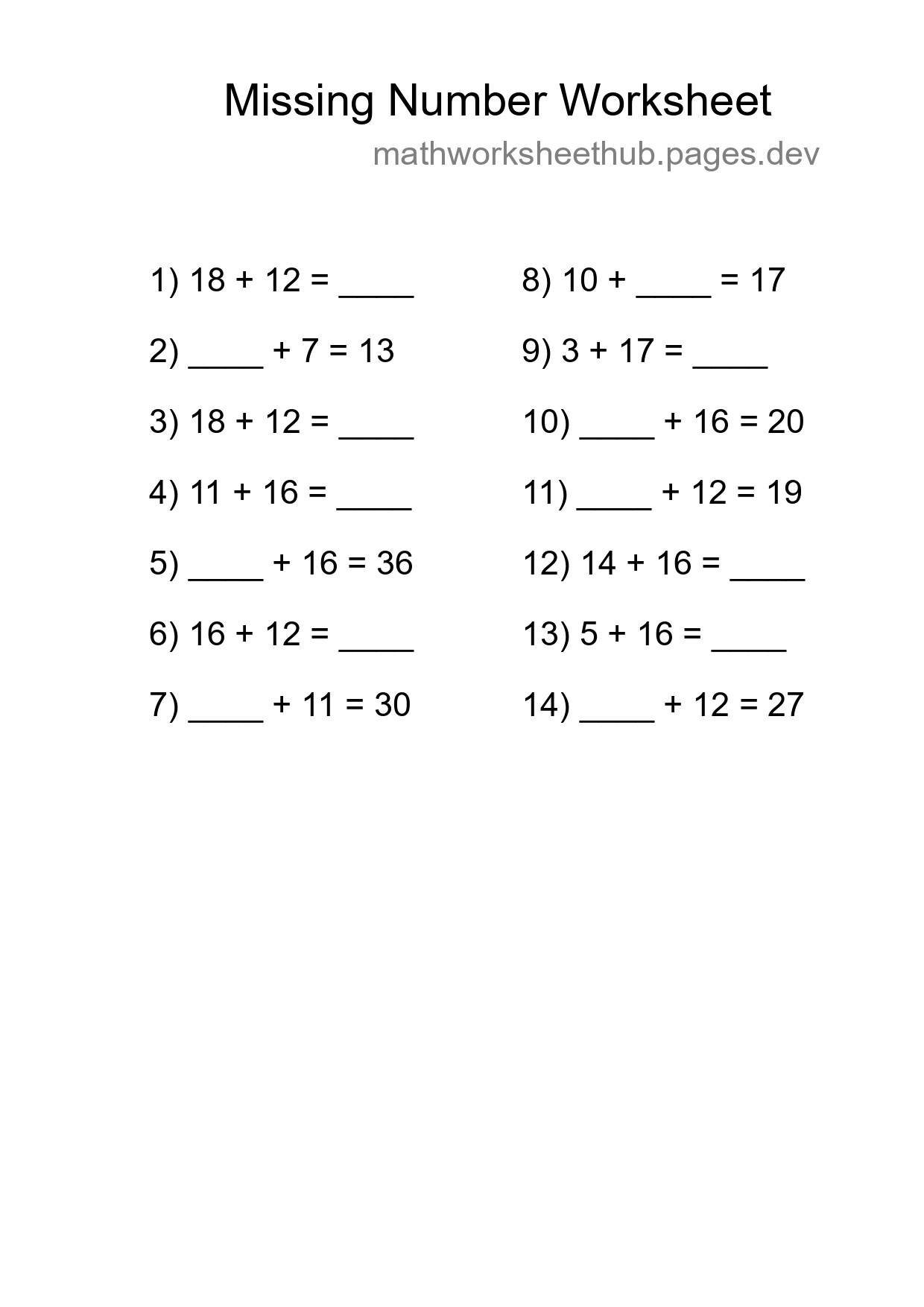Missing Number Math Worksheet