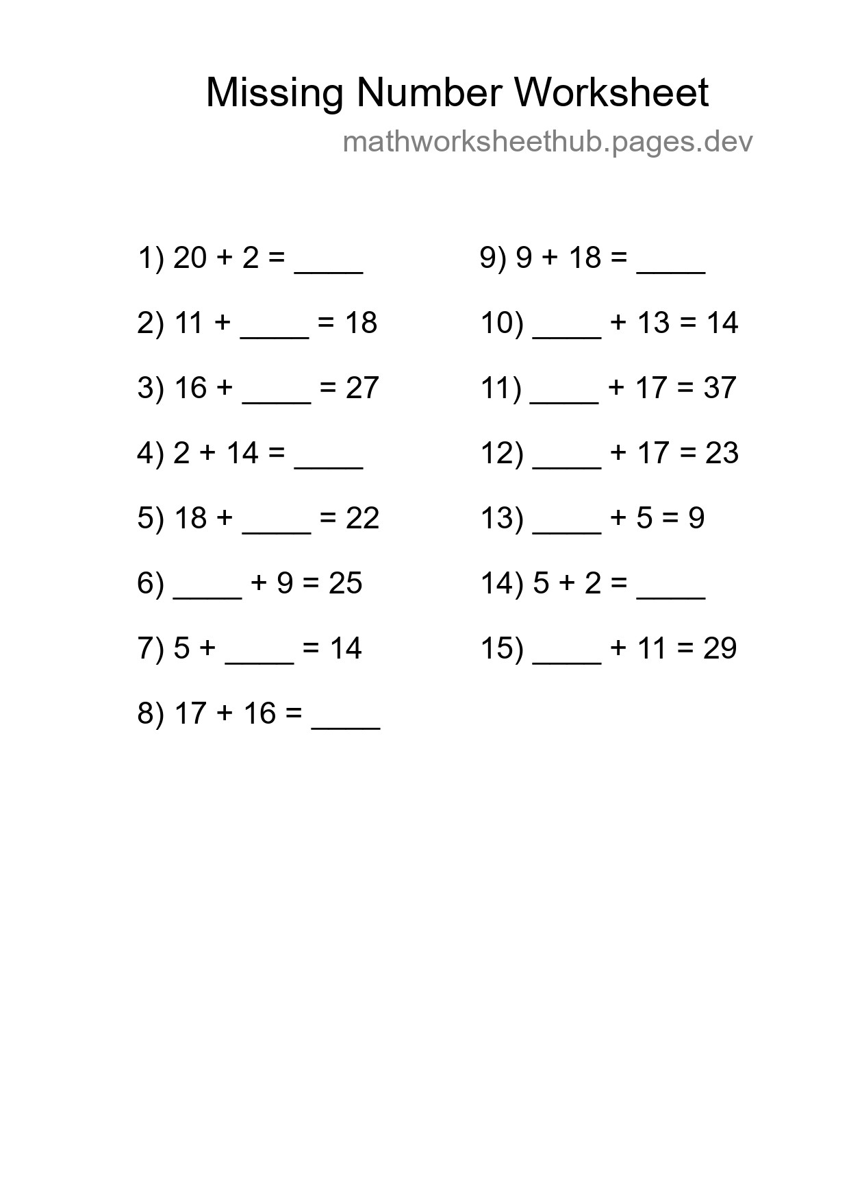 Missing Number Math Worksheet