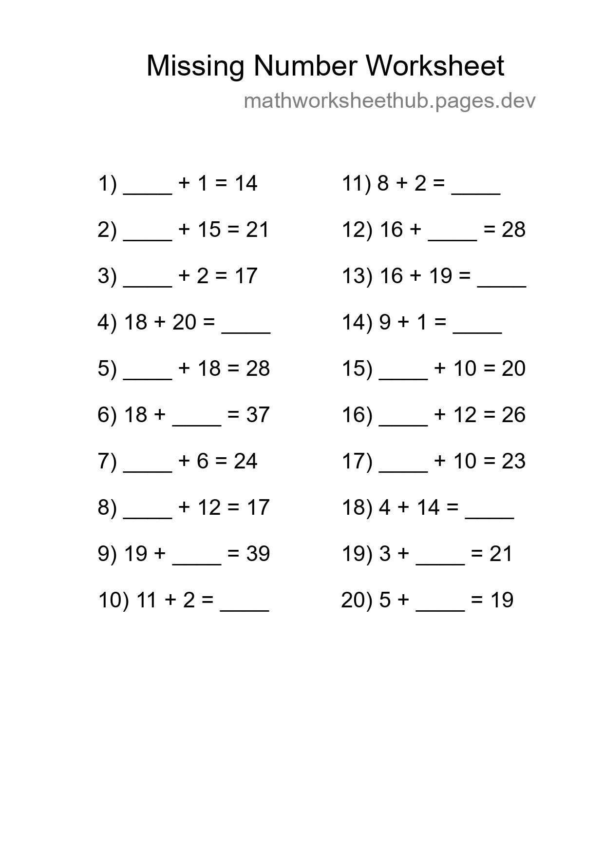 Missing Number Math Worksheet