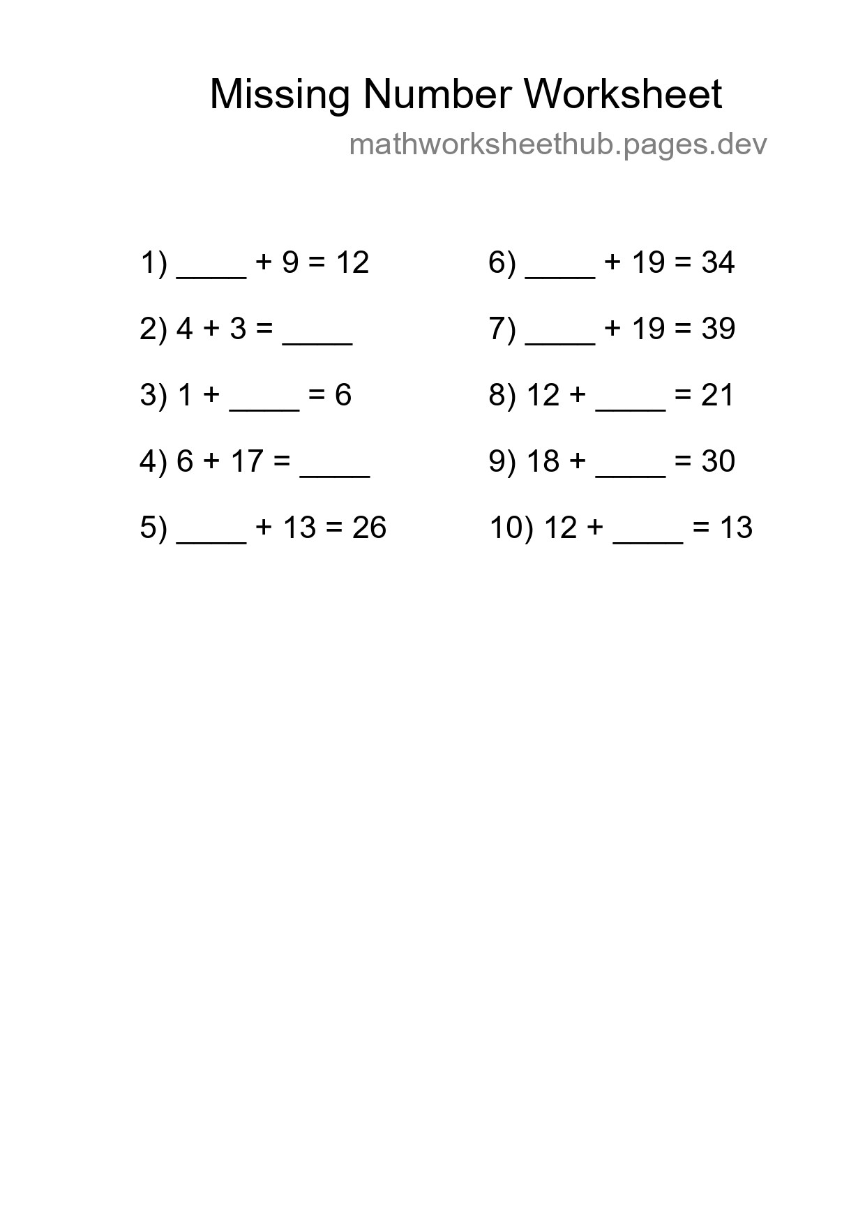 Missing Number Math Worksheet