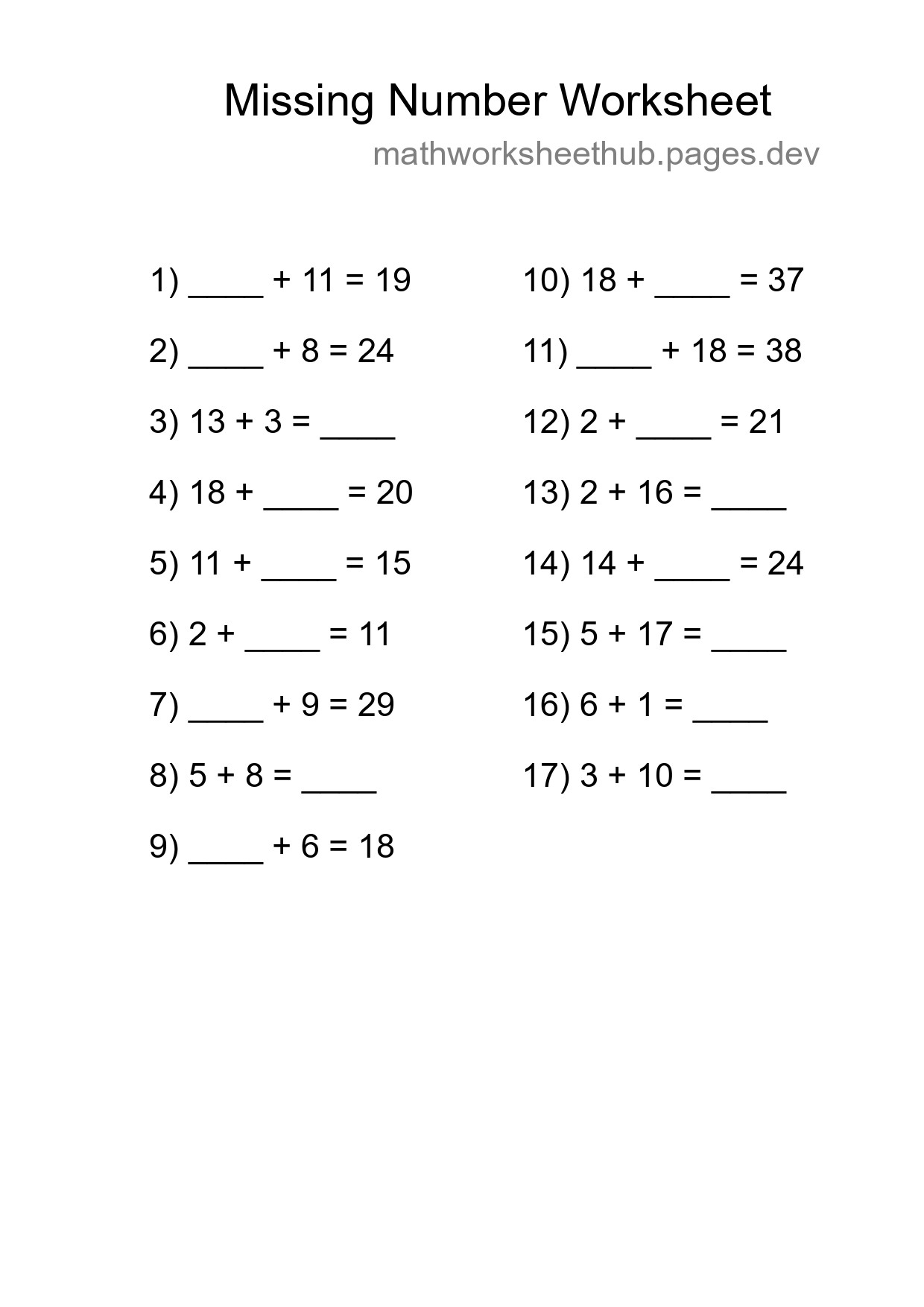 Missing Number Math Worksheet