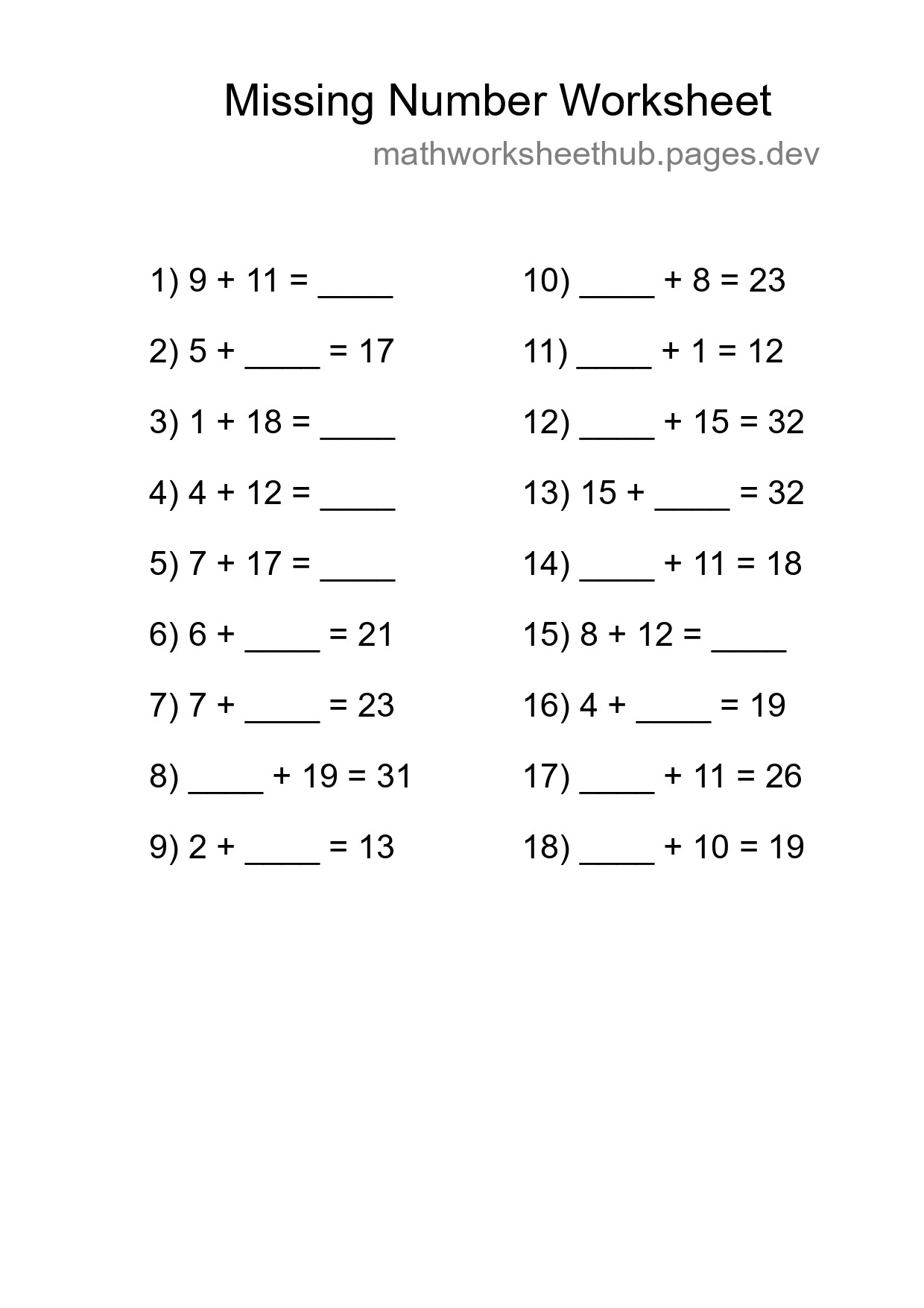Missing Number Math Worksheet