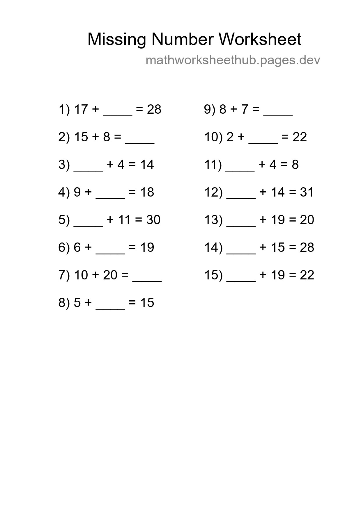 Missing Number Math Worksheet