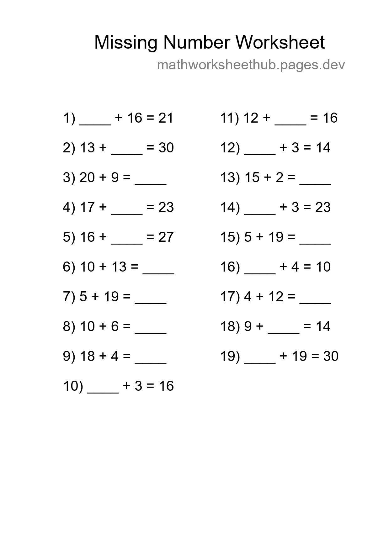 Missing Number Math Worksheet