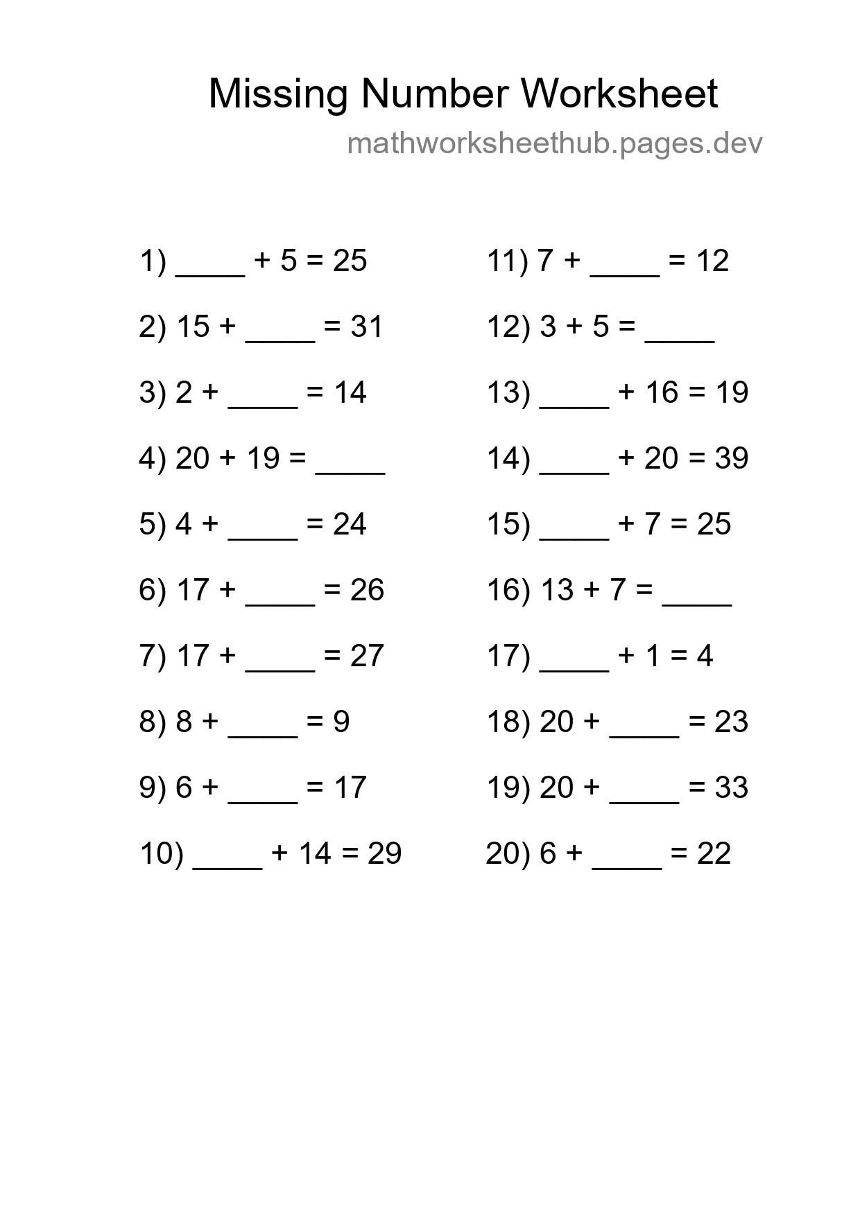 Missing Number Math Worksheet