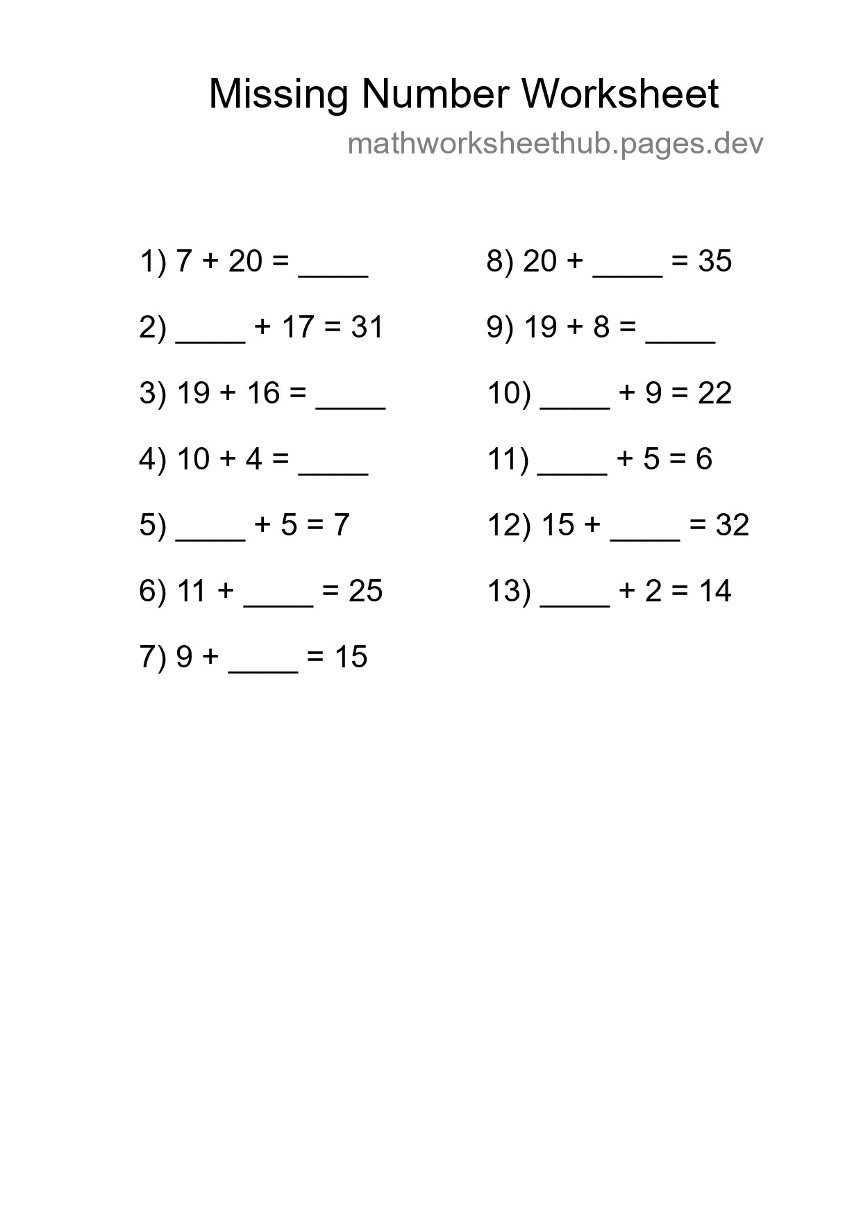 Missing Number Math Worksheet