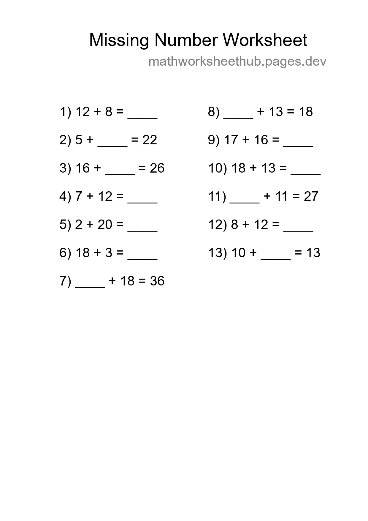 Missing Number Math Worksheet