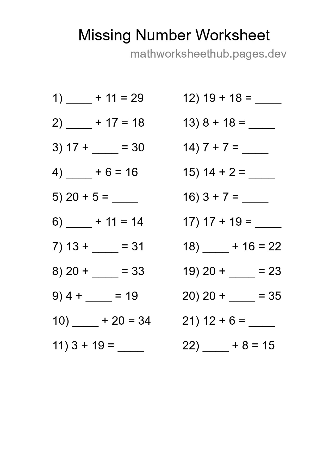 Missing Number Math Worksheet
