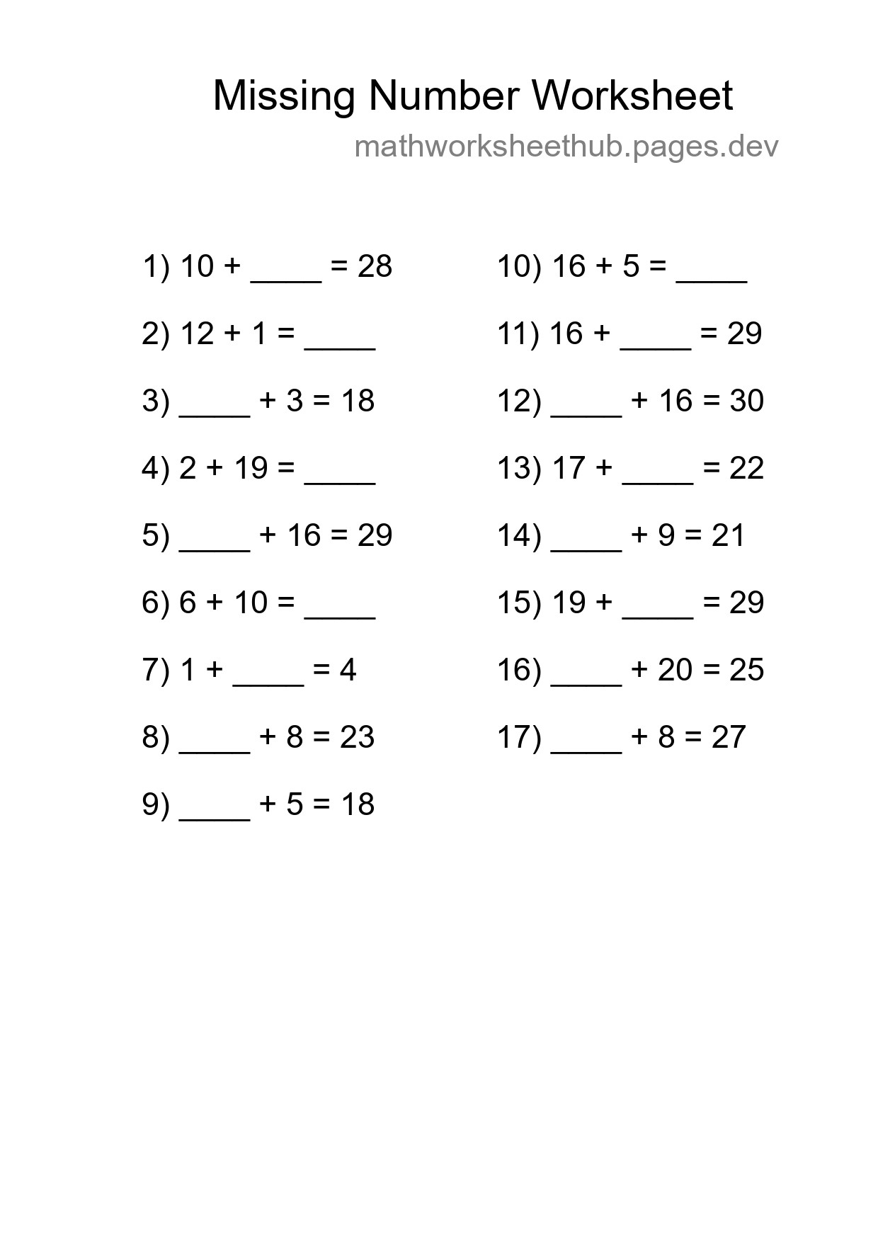 Missing Number Math Worksheet