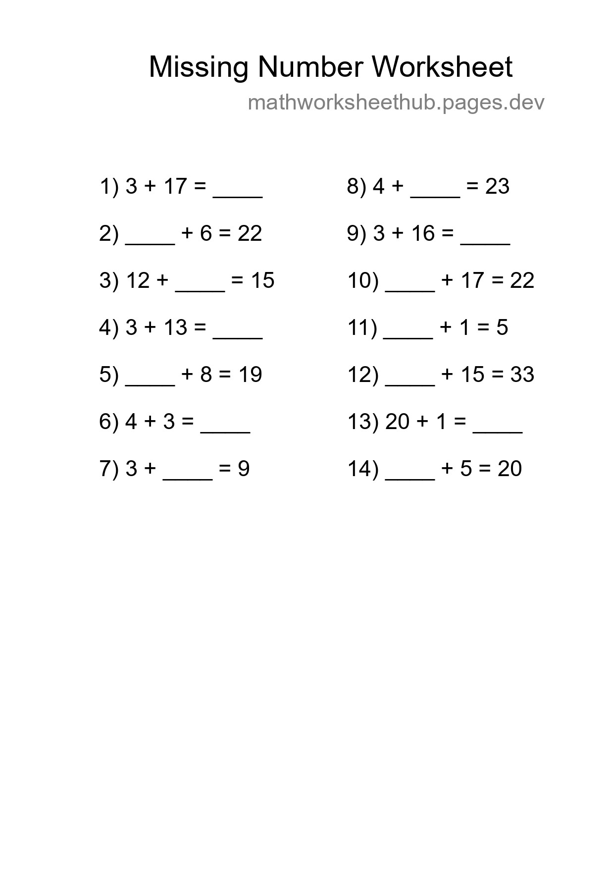 Missing Number Math Worksheet