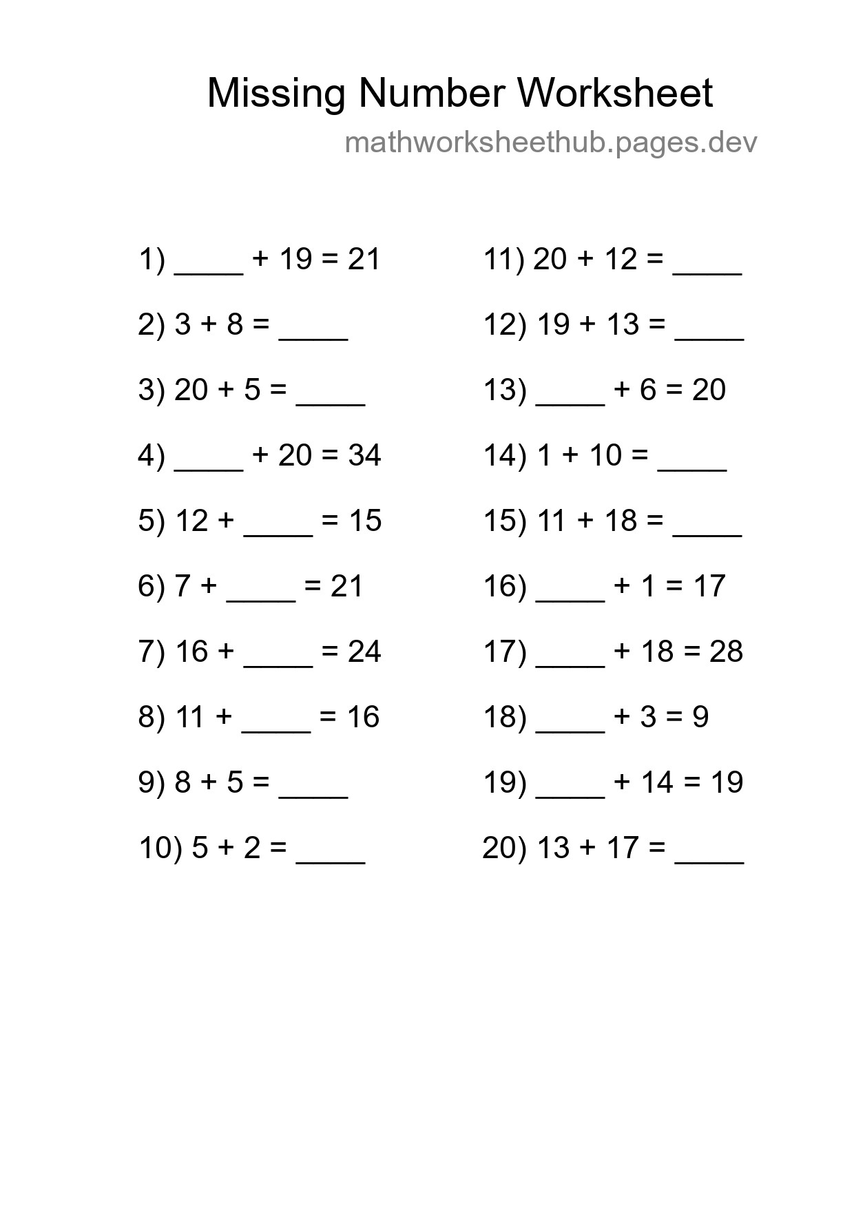 Missing Number Math Worksheet